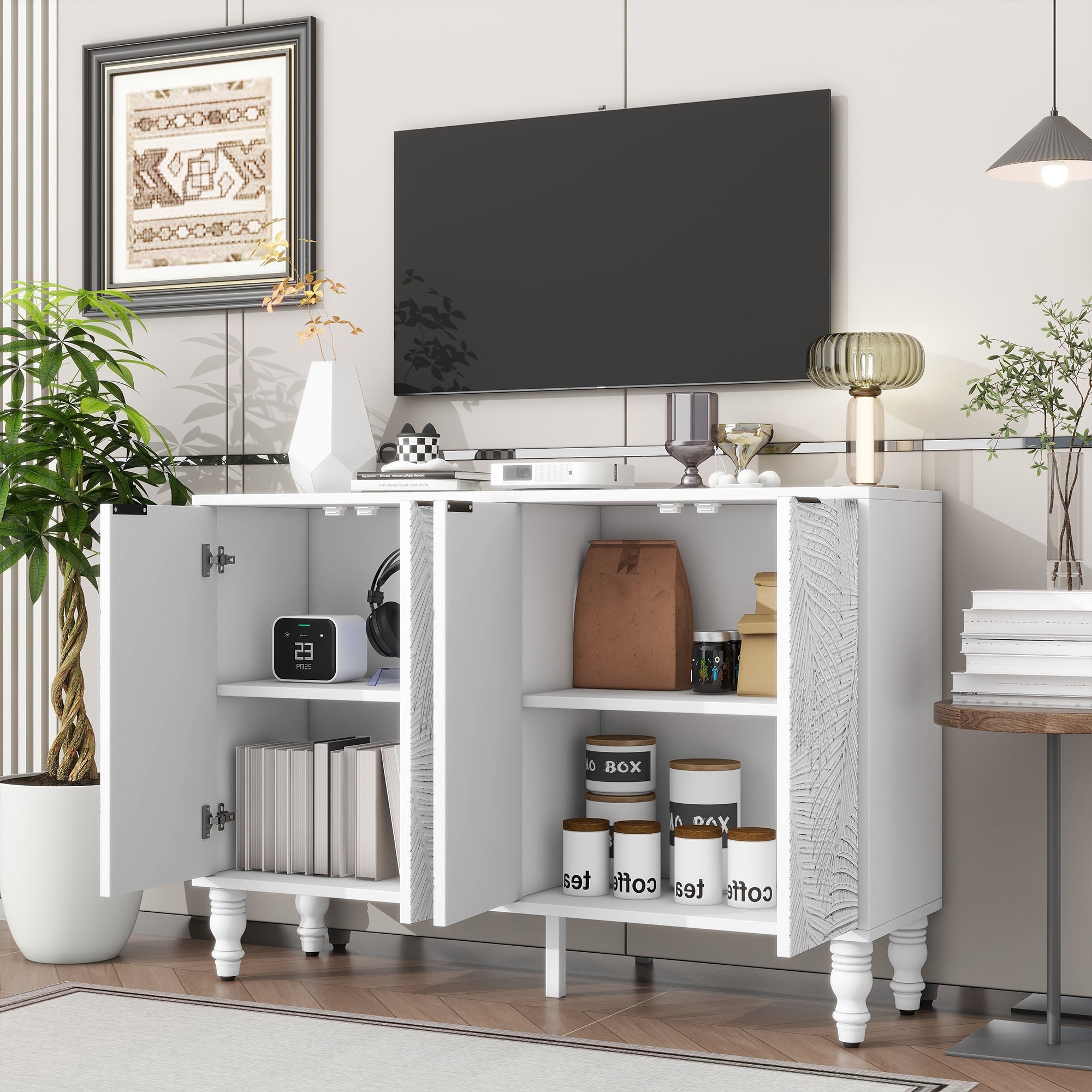 U-Can 47.2'' Modern TV Stand, Entertainment Center Media Console with 2 Spacious Storage Space, Solid Wood Legs and Anti-tip Device For Living room, Up to 43''