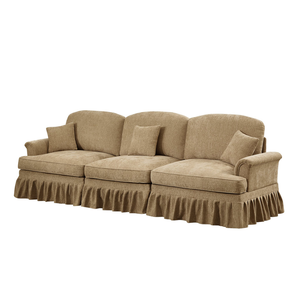 Elegant Mid Century Large 3 Seater Sofa Couch with Flared Arms and Removable Ruffles Pleats Skirts and Spindle Legs, Comfy Chenille Three-Seat Sofa for Living Room, Light Coffee