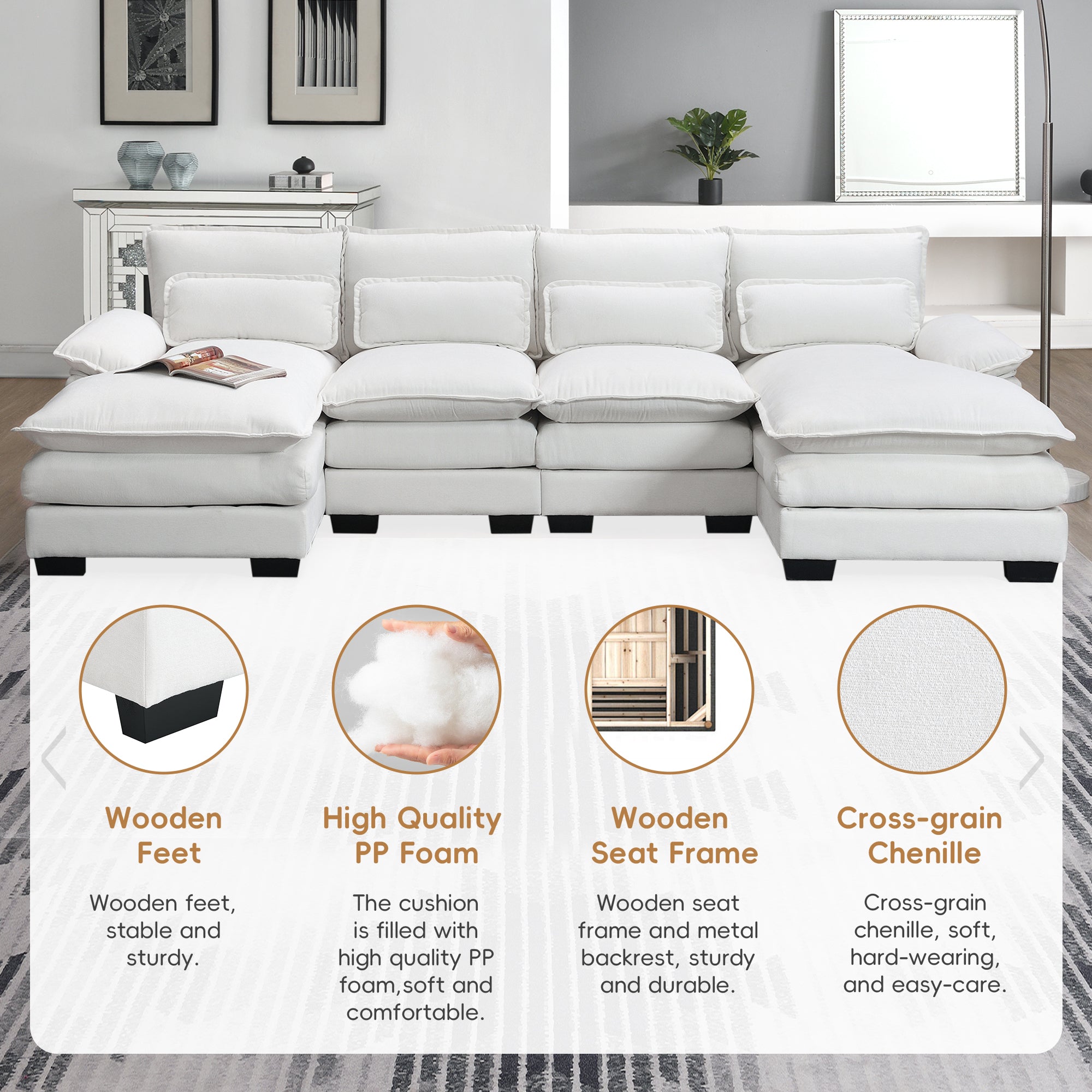 110*55' Modern U-shaped Sectional Sofa with Waist Pillows,6-seat Upholstered Symmetrical Sofa Furniture,Sleeper Sofa Couch with Chaise Lounge for Living Room,Apartment,5 Color
