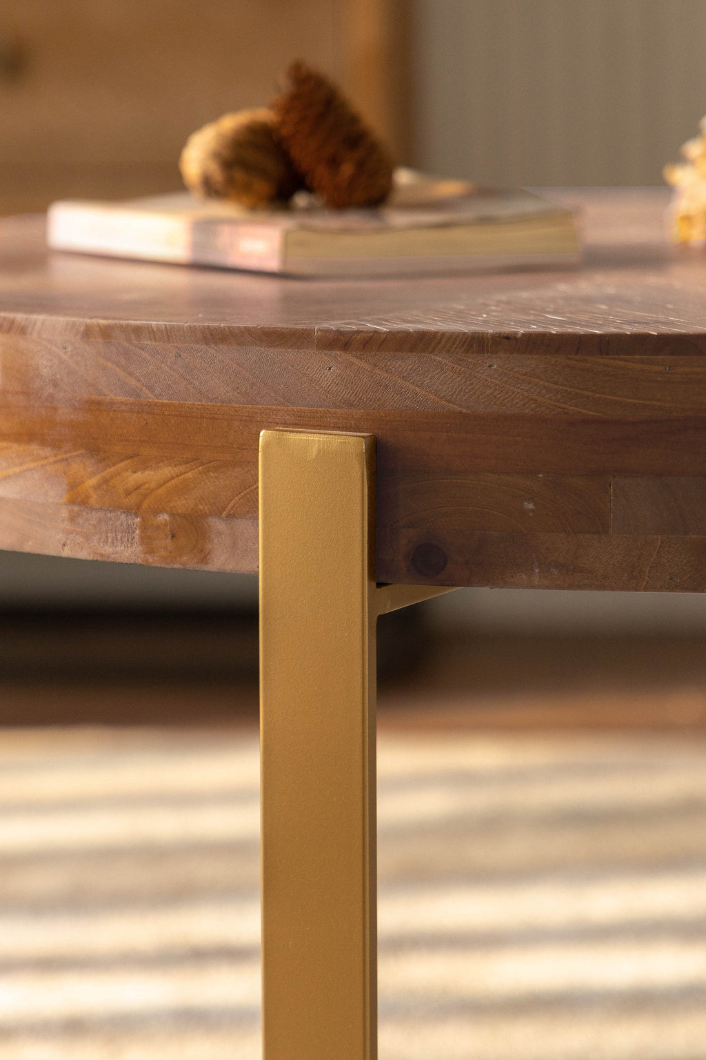 33.86"Modern Retro Splicing Round Coffee Table,Fir Wood Table Top with Gold Cross Legs Base(Same SKU:W757126236)