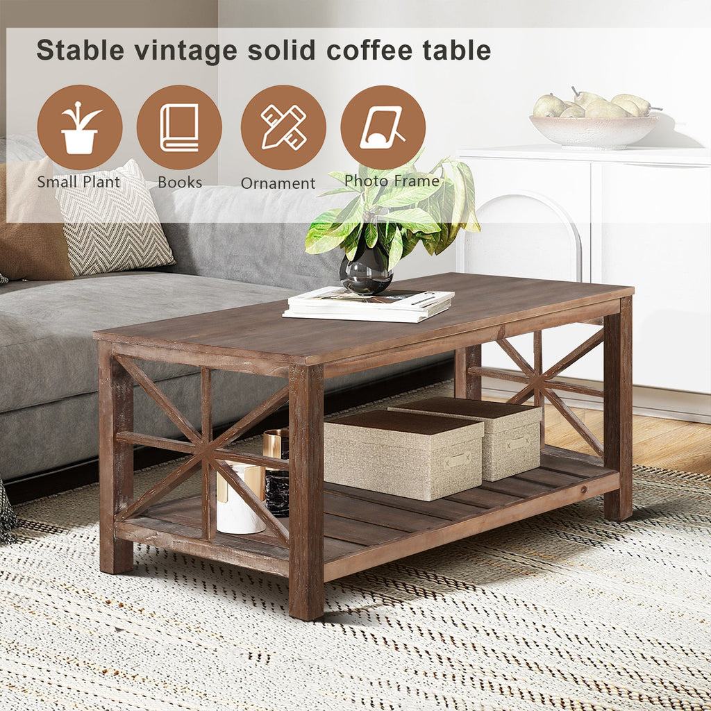 47 Inch Modern Coffee Table with Storage Shelf, Farmhouse Rectangle Living Room Center Table for Small Spaces(Antique Brown)