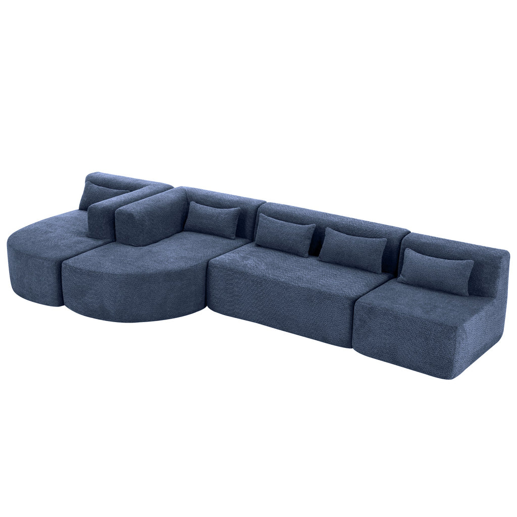 144' Upholstered Sofa Free-combined Sofa Couch with Two Chaise Lounge and Five Back Pillows for Living Room, Blue