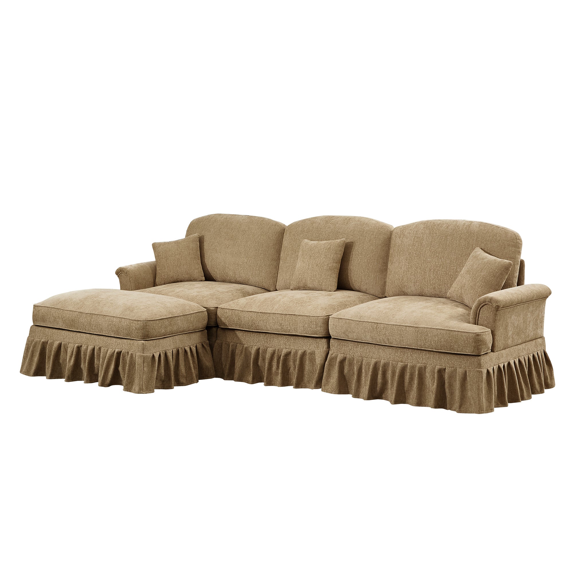Mid Century Three Seater Modular L Shaped Sectional Couch with Flared Arms and Removable Ruffles Pleats Skirts and Spindle Legs, Comfy Chenille 3-Seat Deep Seat Sofa with Movable Ottoman,Light Coffee