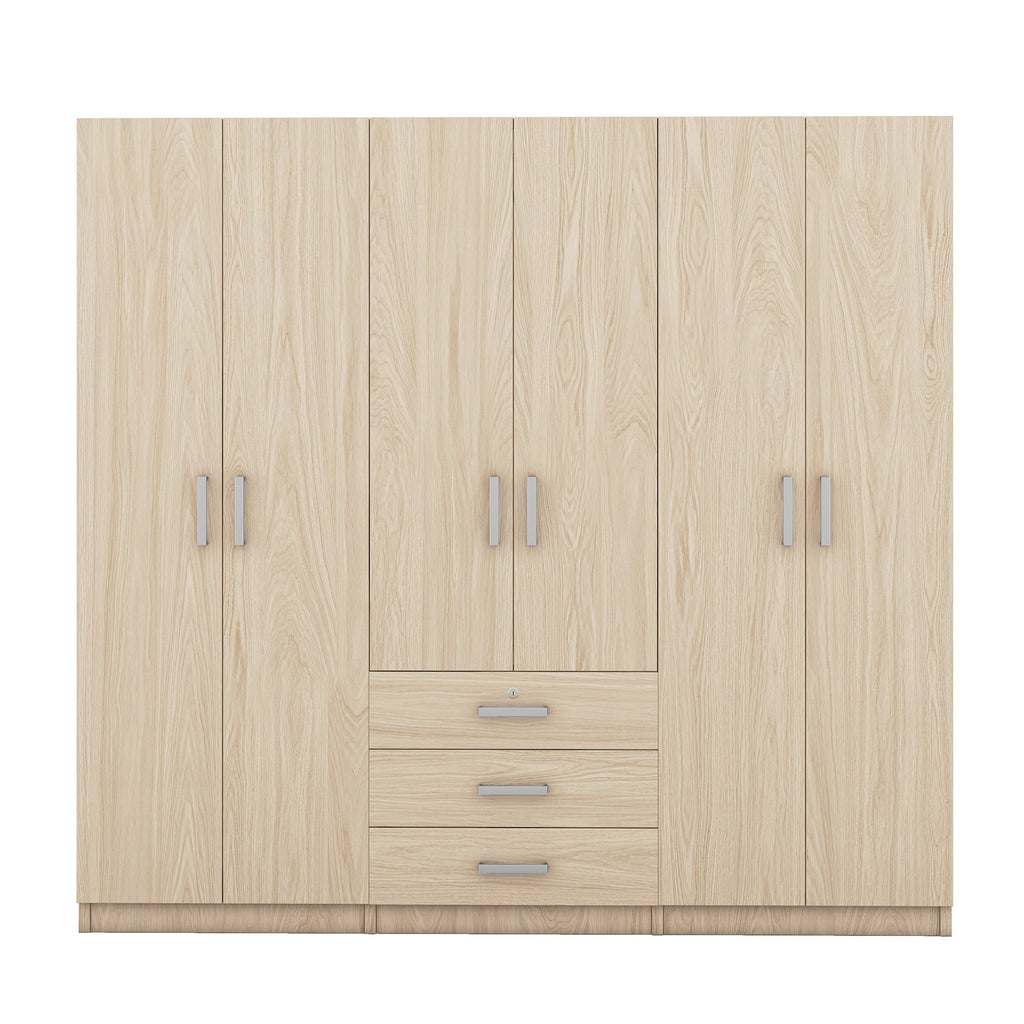 6-Doors Wooden Wardrobe Storage for Bedroom, with Big Drawers, Gray