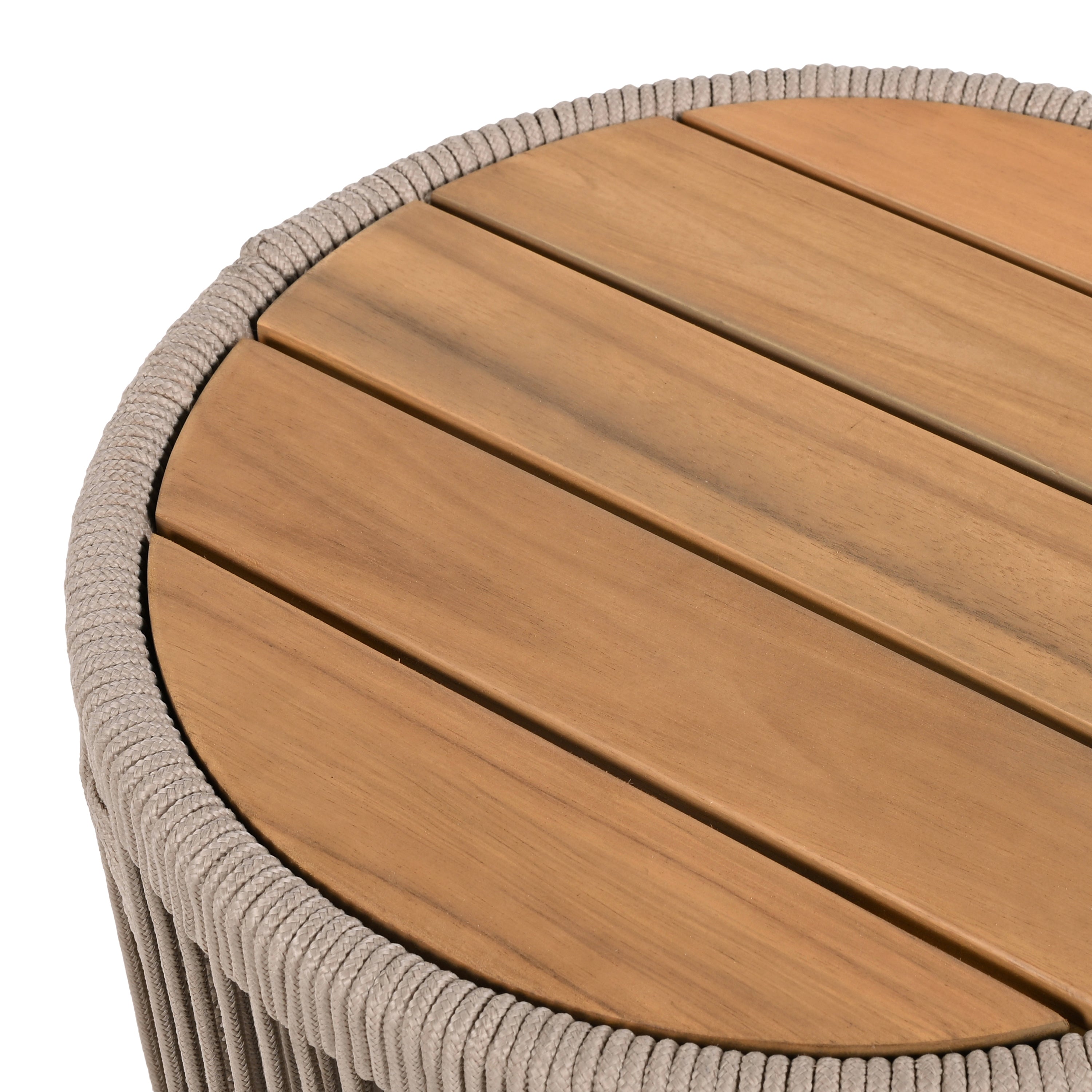 Outdoor Rope Chaise Lounge Set of 5, Patio Lounge Chairs, Outside Poolside Lounge Furniture, Teak look wood Side Table and Beige Cushions, Chaise Lounge with Adjustable Backrest( Beige rope)