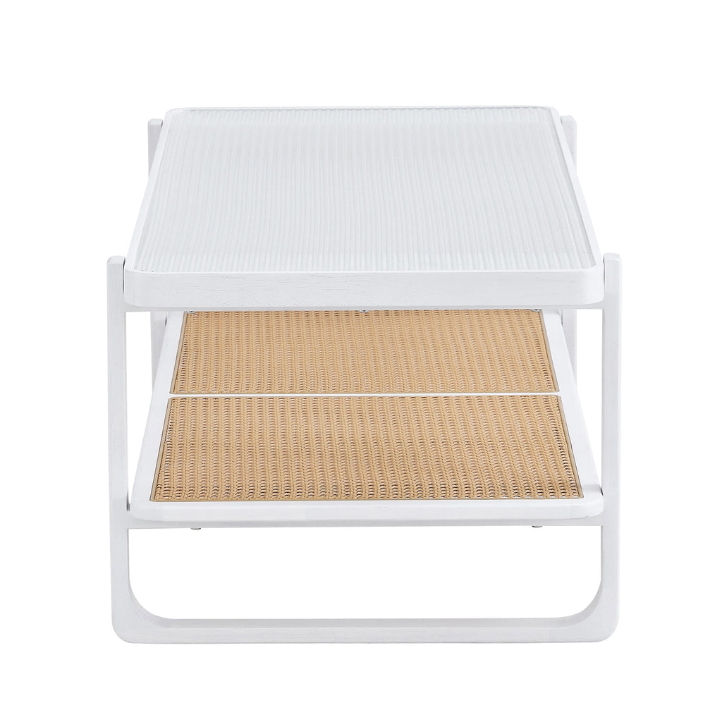 Modern minimalist white double layered solid wood coffee table. Glass tabletop, imitation rattan  edge table. Rectangular table suitable for living room, dining room, and bedroom