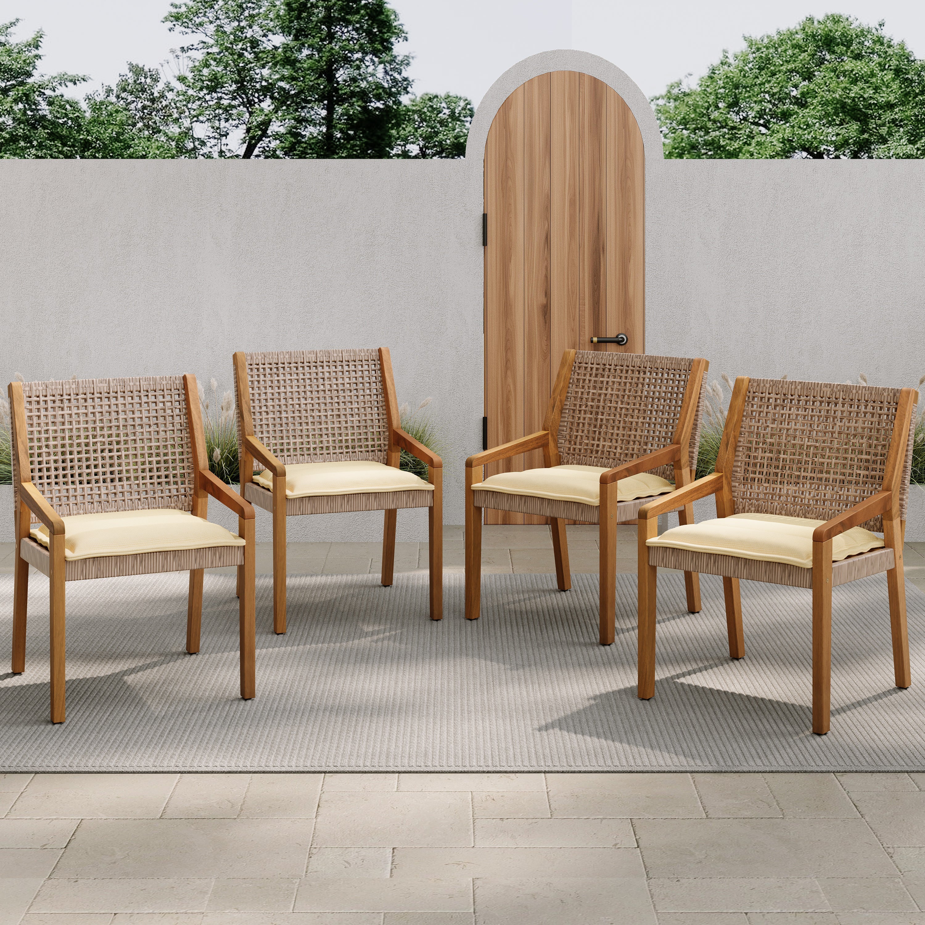 Outdoor Dining Set – Premium Acacia Wood Stamford Table & Wicker Chairs with Cream Cushion for Comfortable Dining Experience,Suitable for large gatherings(1 Table + 4 Chairs)