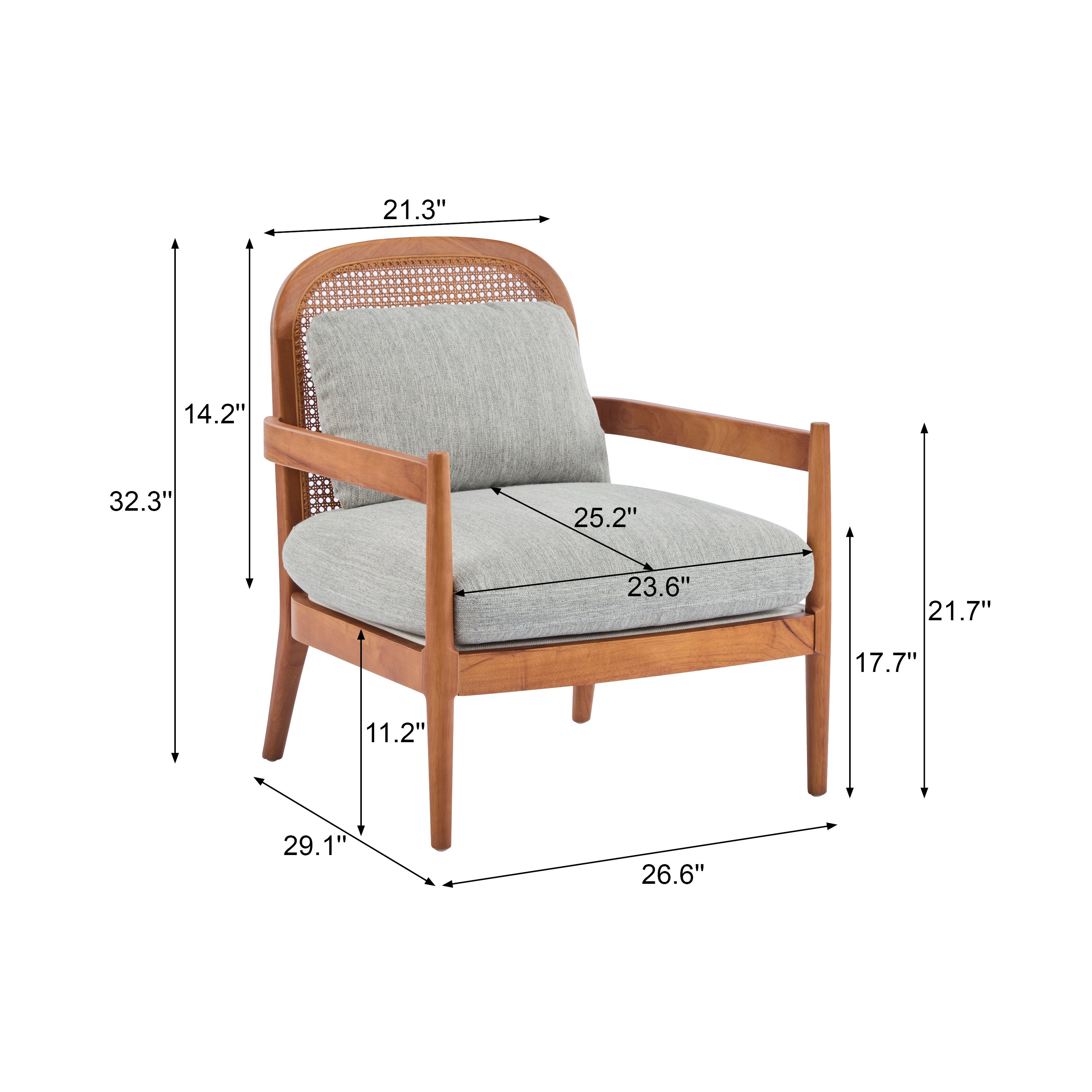 [Set of 2] 26.6' Mid-Century Modern Accent Chair with Walnut Finish Solid Wood Frame and Rattan Backrest, Greyish-Green Cushion, Comfy Armchairs for Living Room, Bedroom, Reading Nook
