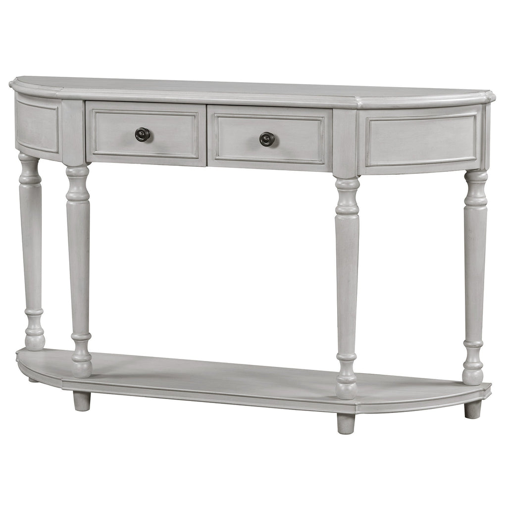 TREXM Retro Circular Curved Design Console Table with Open Style Shelf Solid Wooden Frame and Legs Two Top Drawers (Gray Wash, OLD SKU: WF298768AAE)