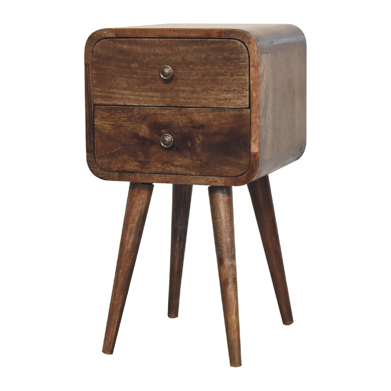 Solid Wood Mini Curved Grey Washed Nightstand, 2-Drawers, Nordic Legs, Brown