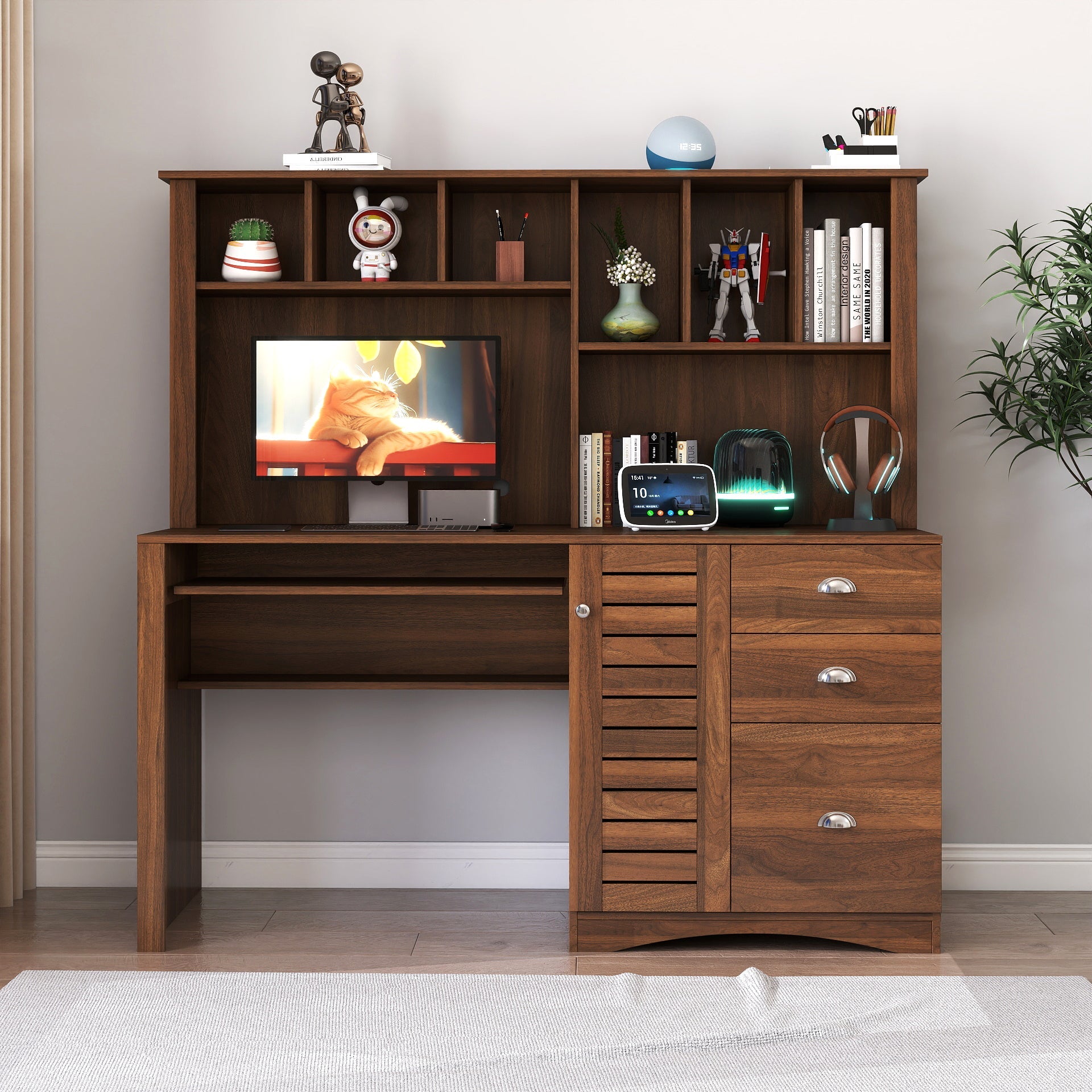 Home Office Computer Desk with Hutch, Antiqued White finish