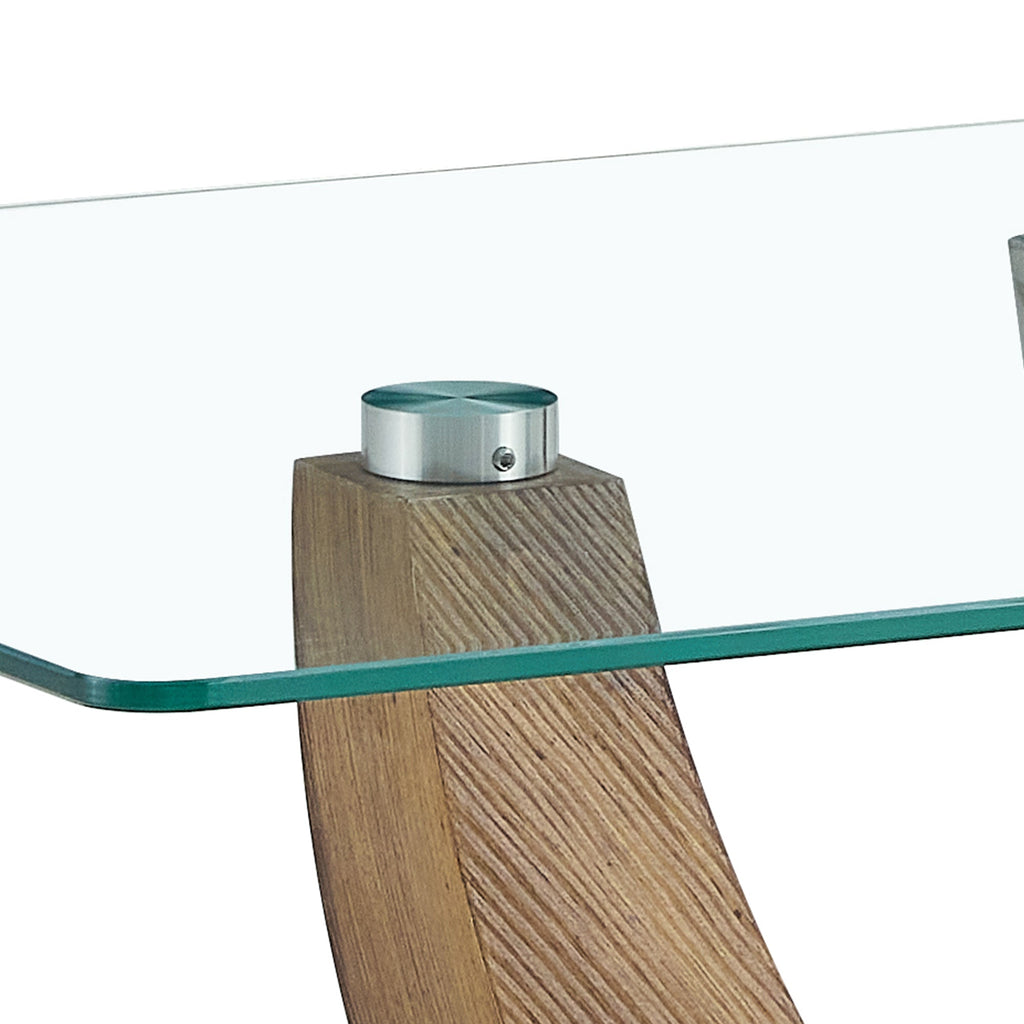 Modern minimalist transparent tempered glass coffee table with wooden MDF legs and stainless steel decorative columns. Computer desk. Game table. CT-907