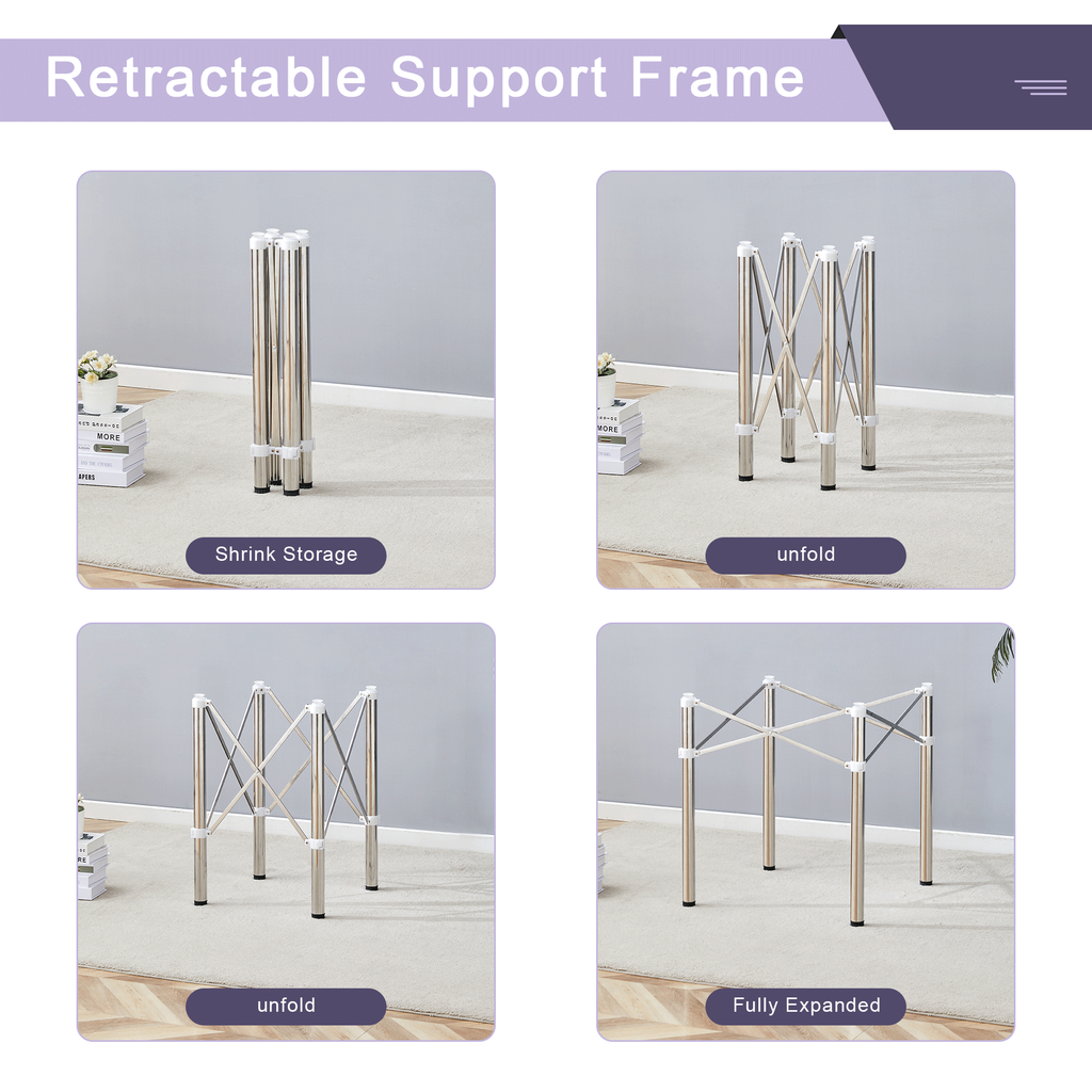 Elegant Expandable Square Glass Table - 36' Clear Tempered Glass, Silver Metal Legs.Telescopic metal legs, transparent square glass tabletop, suction cup attachment connection.