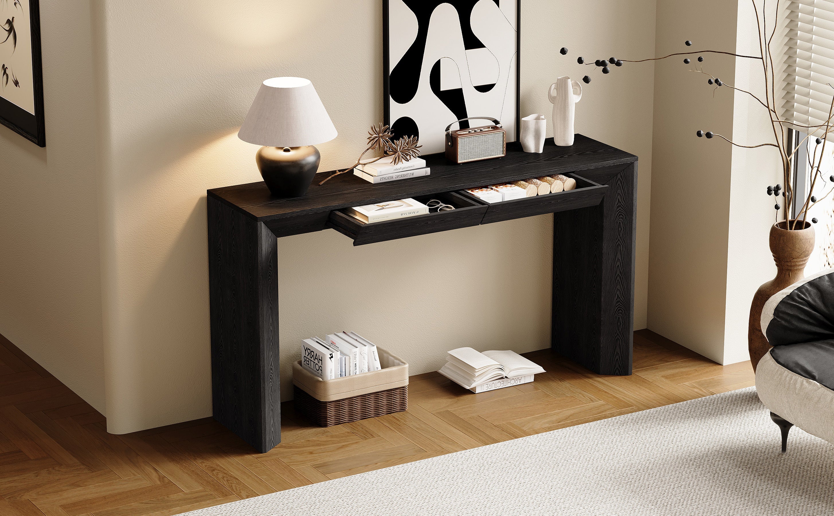 TREXM 60' Modern Farmhouse Console Table with 2 Concealed Drawers, Waterfall Design Entryway Table with Thickened Legs & Rustic Wood Grain for Living Room, Entryway & Hallway (Black)