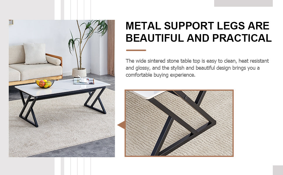 A coffee table made of rock slab material, with a smooth and natural surface that complements the modern design of the black metal legs, making it suitable for living rooms of all sizes.47*23.6