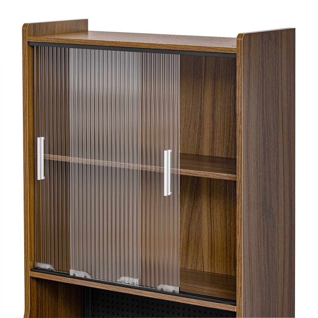 Modern Wooden Foldable Desk with Hutch & Storage, Home Office Pet-friendly Gaming Desk with Shelves, Space-Saving Workstation with Free Cat Bed & Scratching Post