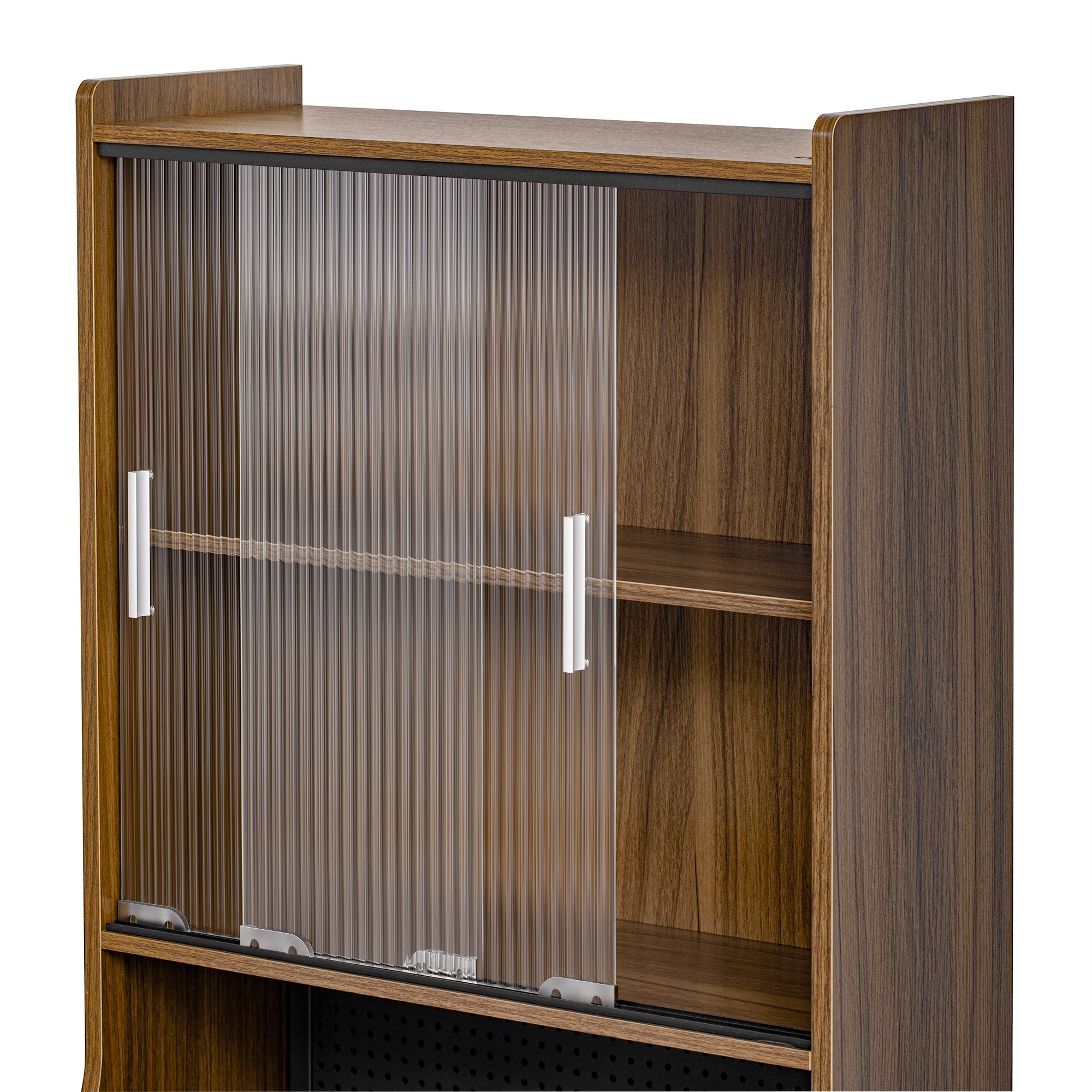 Modern Wooden Foldable Desk with Hutch & Storage, Home Office Pet-friendly Gaming Desk with Shelves, Space-Saving Workstation with Free Cat Bed & Scratching Post