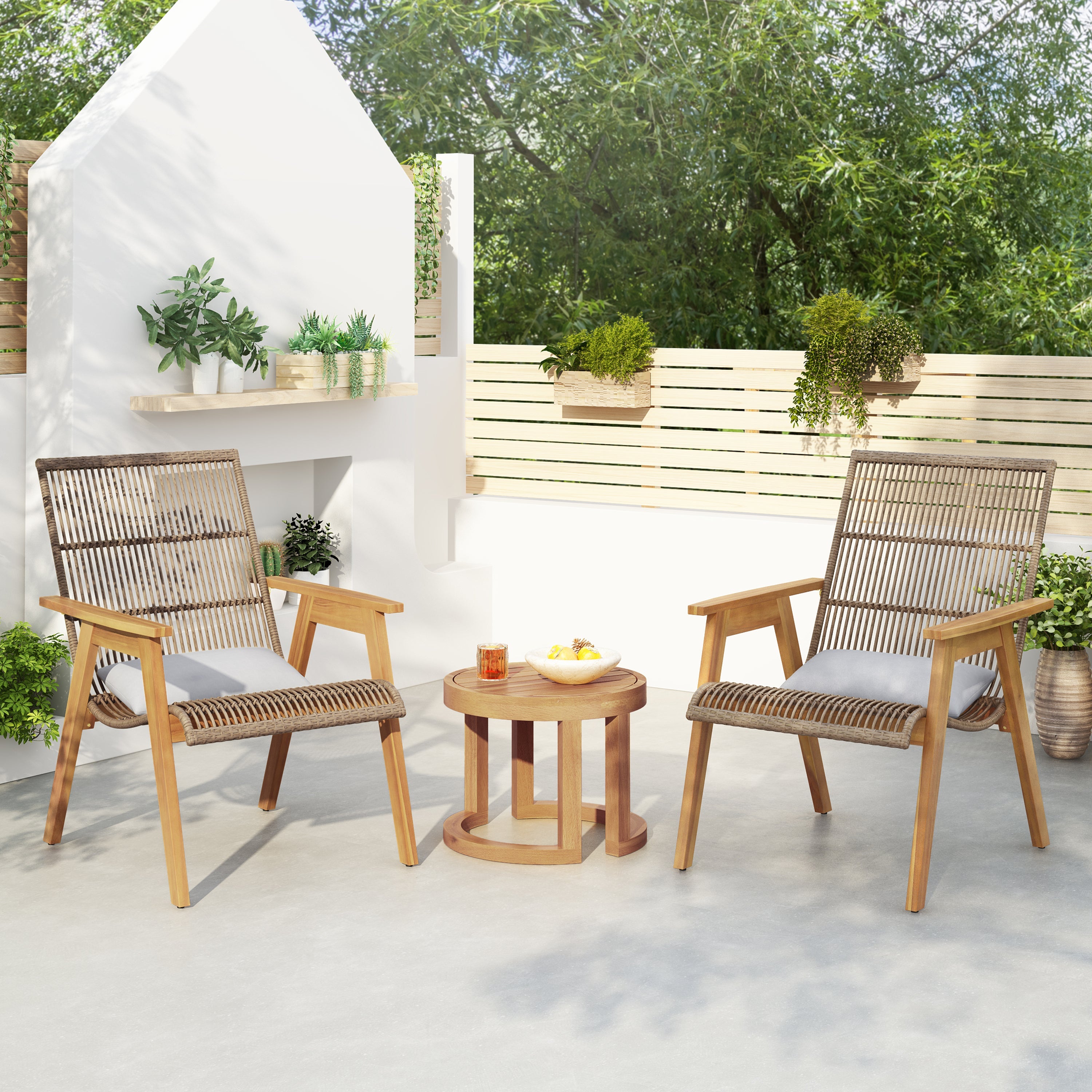 Outdoor Acacia Wood 3-Piece Lounge Set: 2 Cape Woven Wicker Lounge Chairs with Pillows + 18' Solid Side Table for Patio, Deck, Yard, Lawn, and Garden (Teak Finish + Natural Wicker + Light Grey Fabric