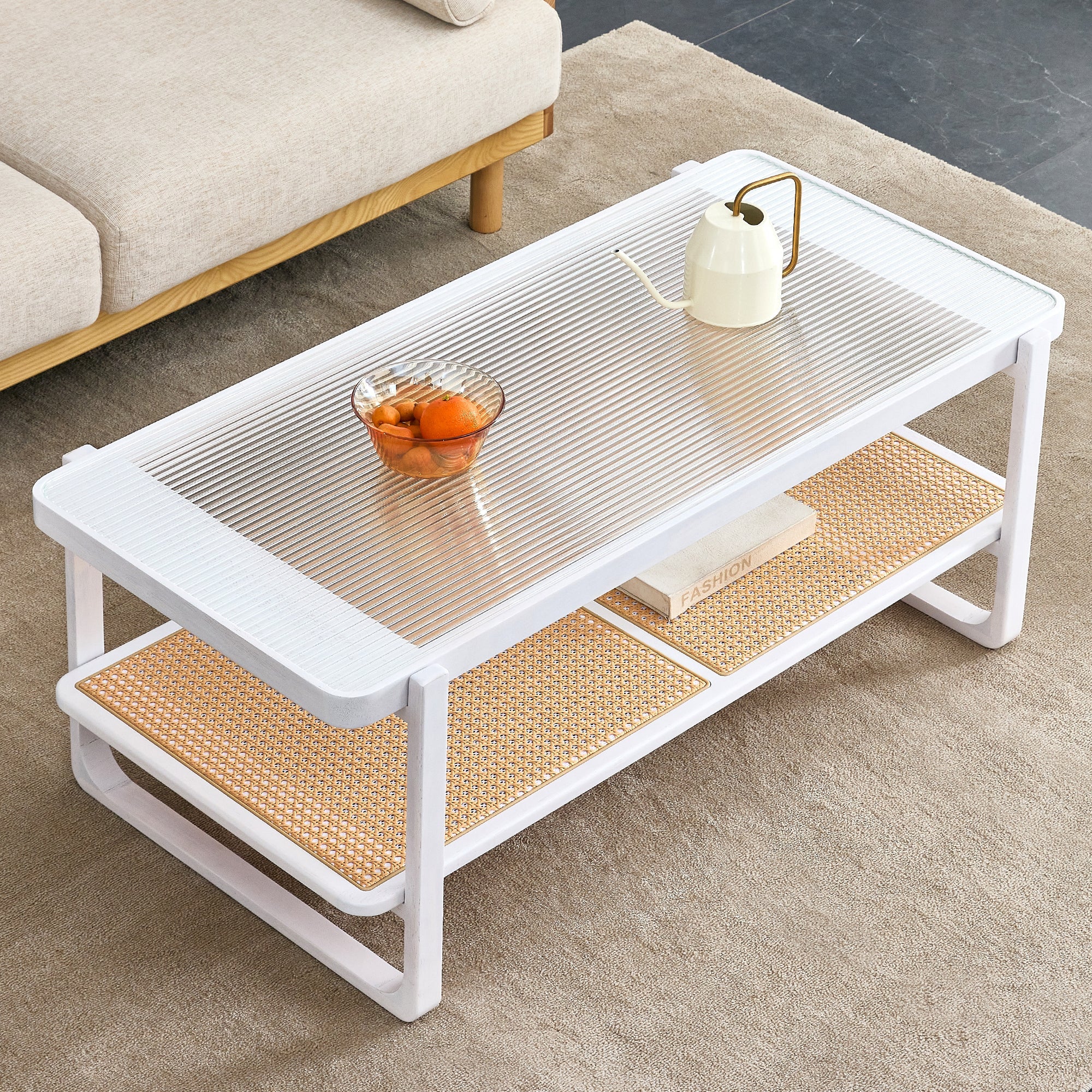 Modern minimalist white double layered solid wood coffee table. Glass tabletop, imitation rattan  edge table. Rectangular table suitable for living room, dining room, and bedroom