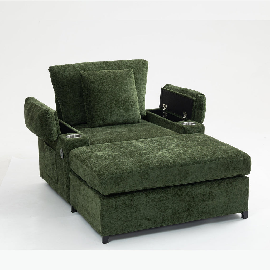 Modern Oversized Chair with Ottoman,Chenille Fabric Sofa Bed,Accent Chair Comfy Sofa with Cupholders and USB Charging Ports Chair for Living Room,Bedroom,Apartment