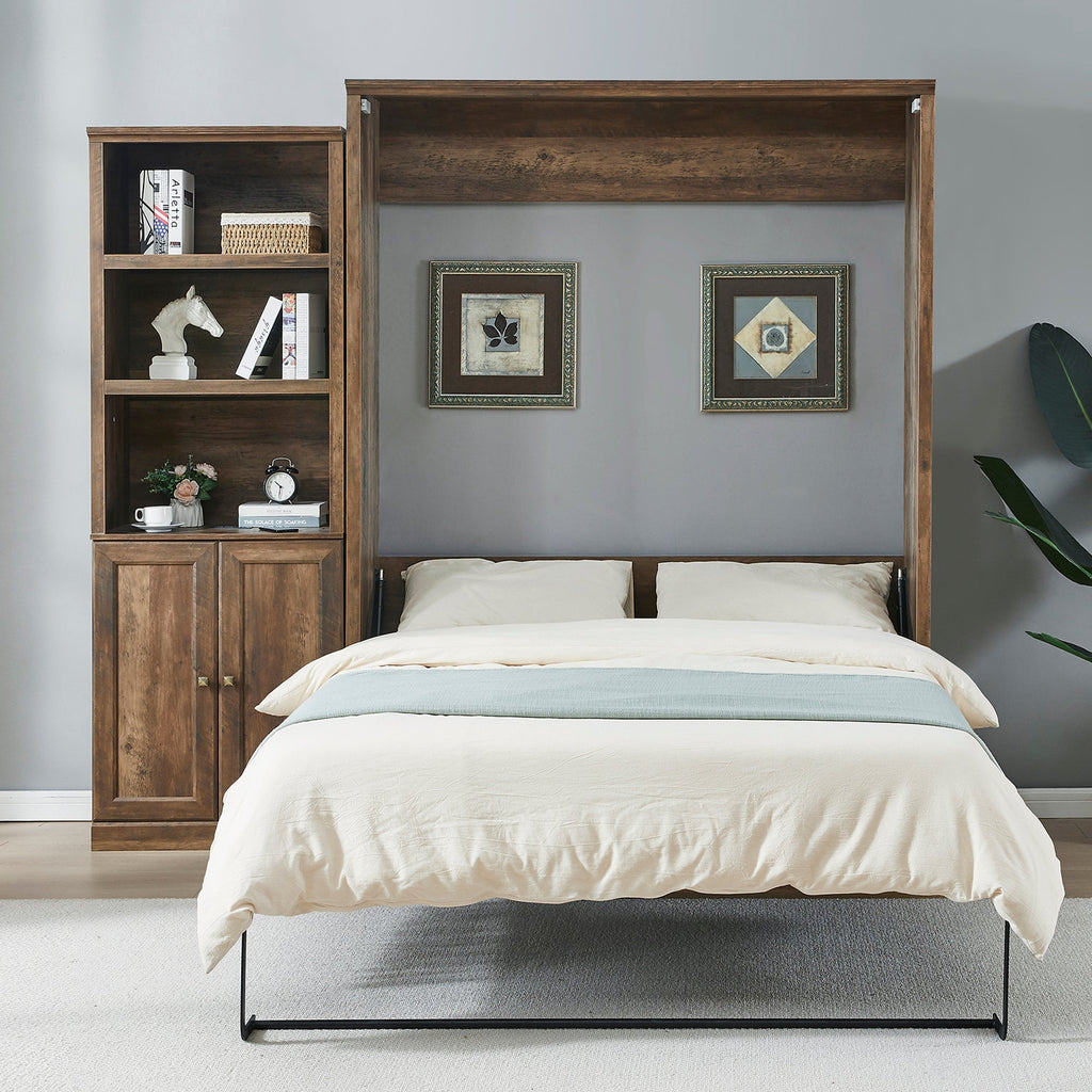 Queen Size Half Self-Close and Open Murphy Bed  with 1 Side Cabinet Storage Shelf, Cabinet Space-Saving Bed Perfect for Guest Room, Bed Room, Guest Room, Home Office, Brown