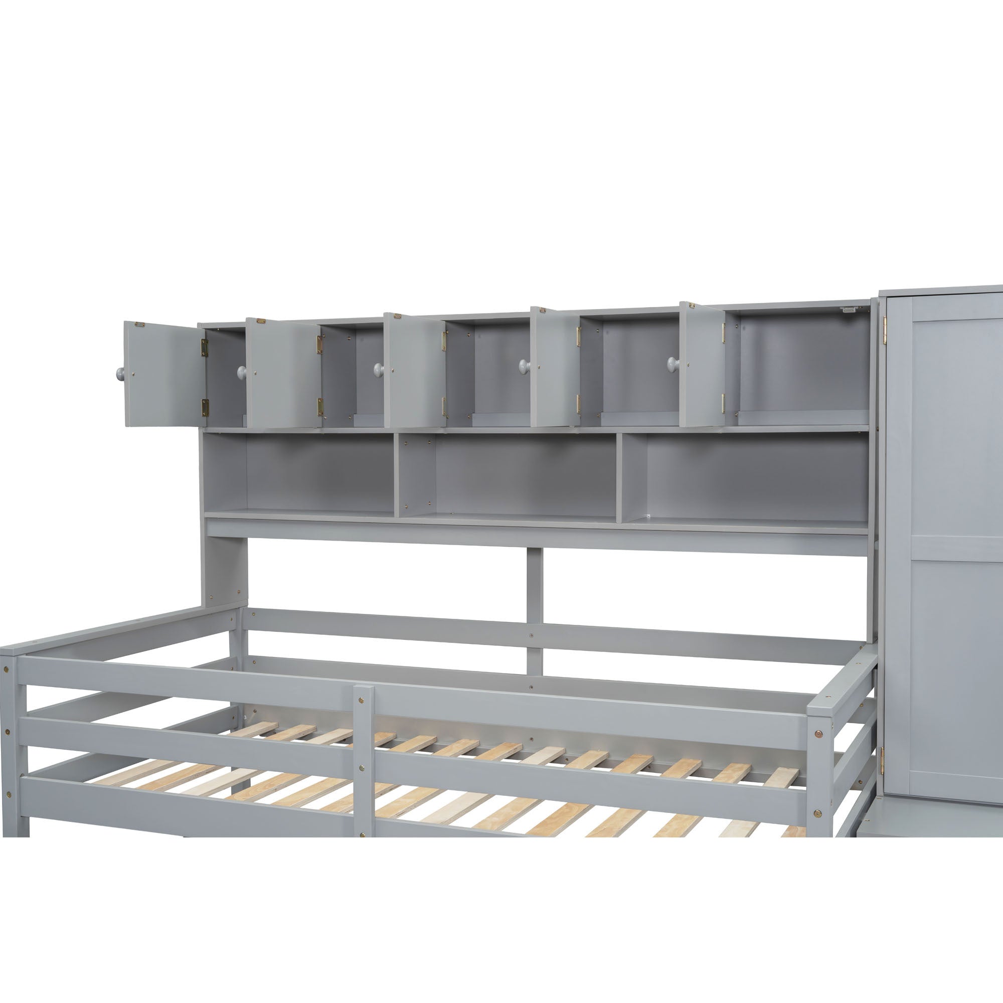 Twin Size Wooden Loft Bed Big Storage with Under-bed Desk, with Drawers, with Shelves, Gray