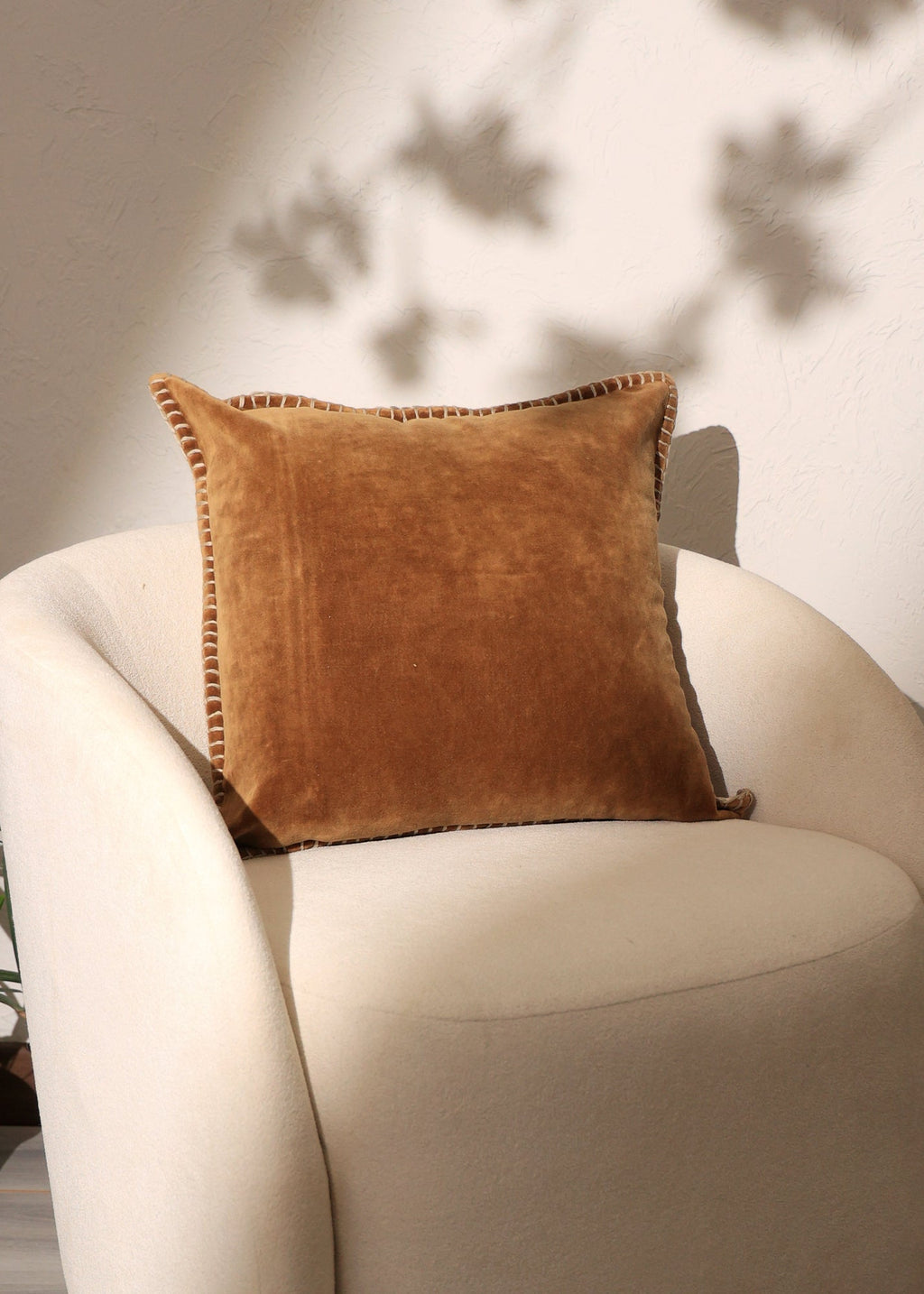 Stonewashed Cotton Velvet Throw Pillow with Decorative Handstiched Edges-19X19'