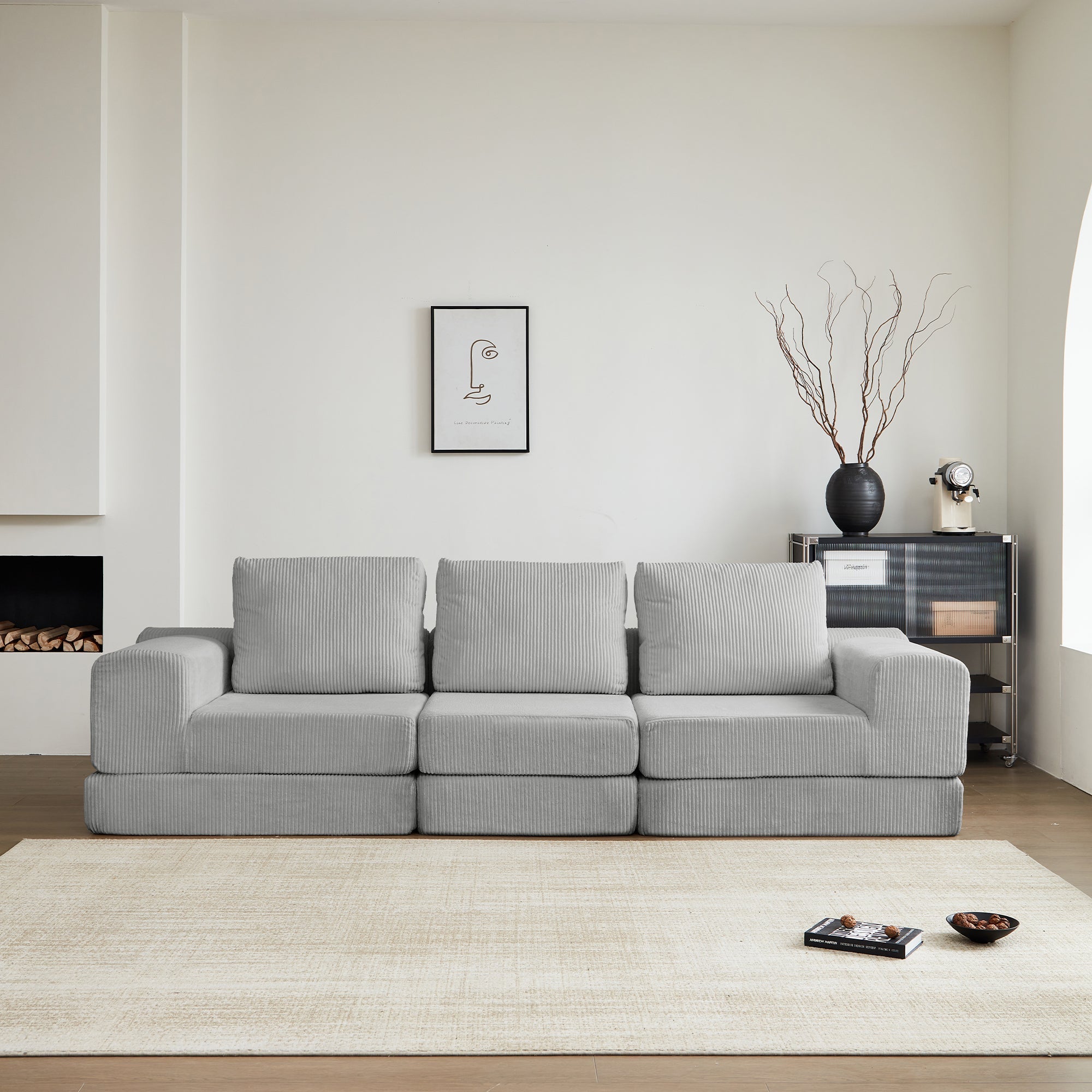 108'' Modular Sectional 3-Seater Cloud Sofa,Corduroy Convertible Sofa Bed