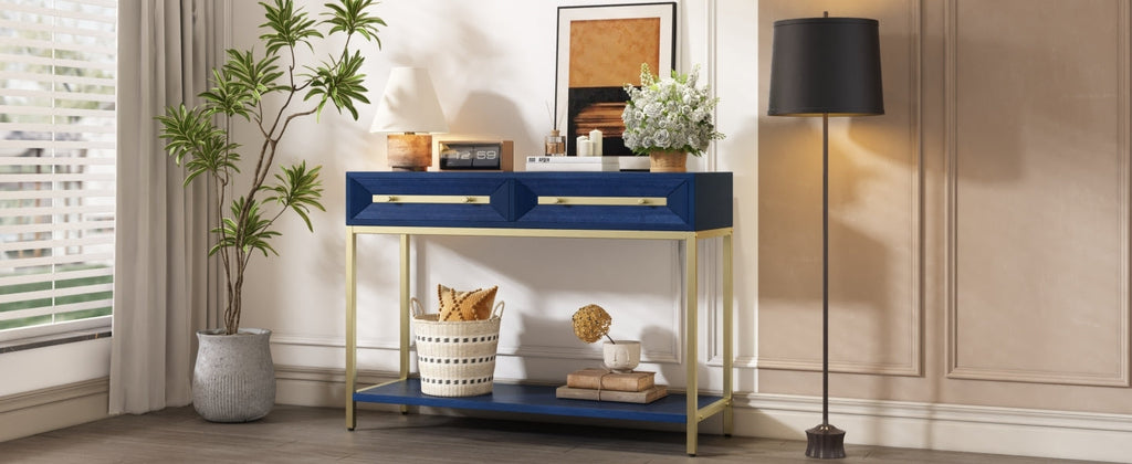 TREXM Entryway Table, Console Table with Two Drawers, Retro Hallway Table with Striking Geometric Design for Entryway and Living Room (Navy)