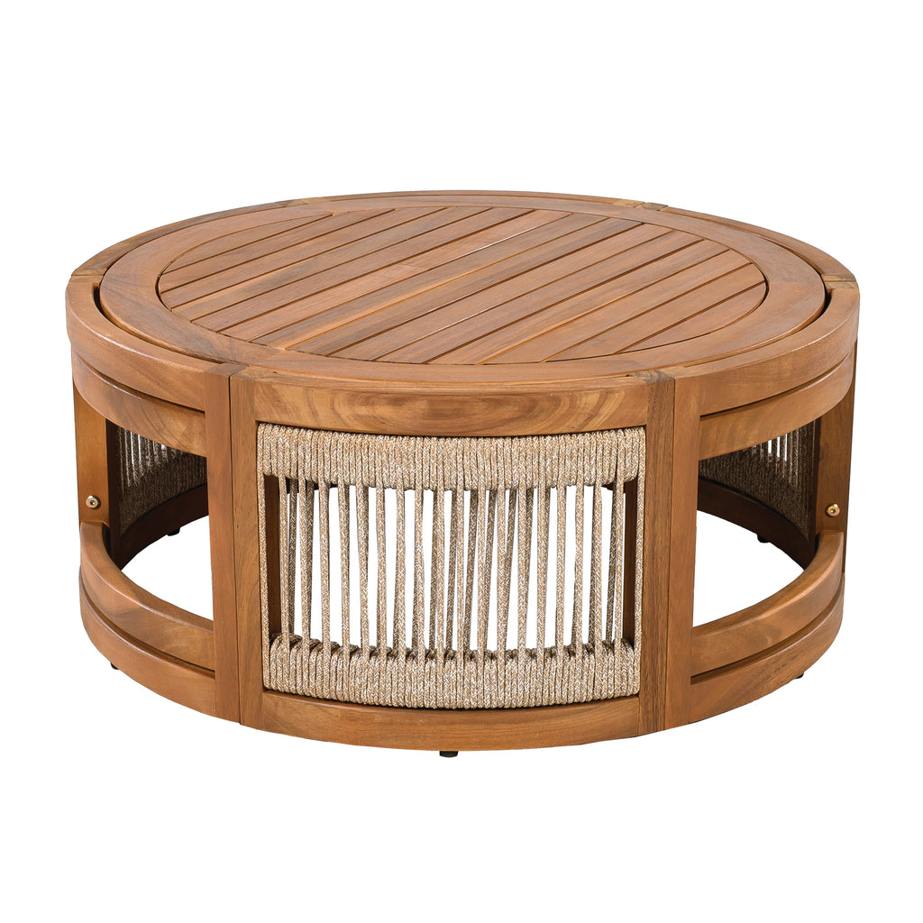 27.95' Acacia Wood Outdoor Coffee Table - Handwoven Rope Accent Boho Patio Table with All-Weather Durability