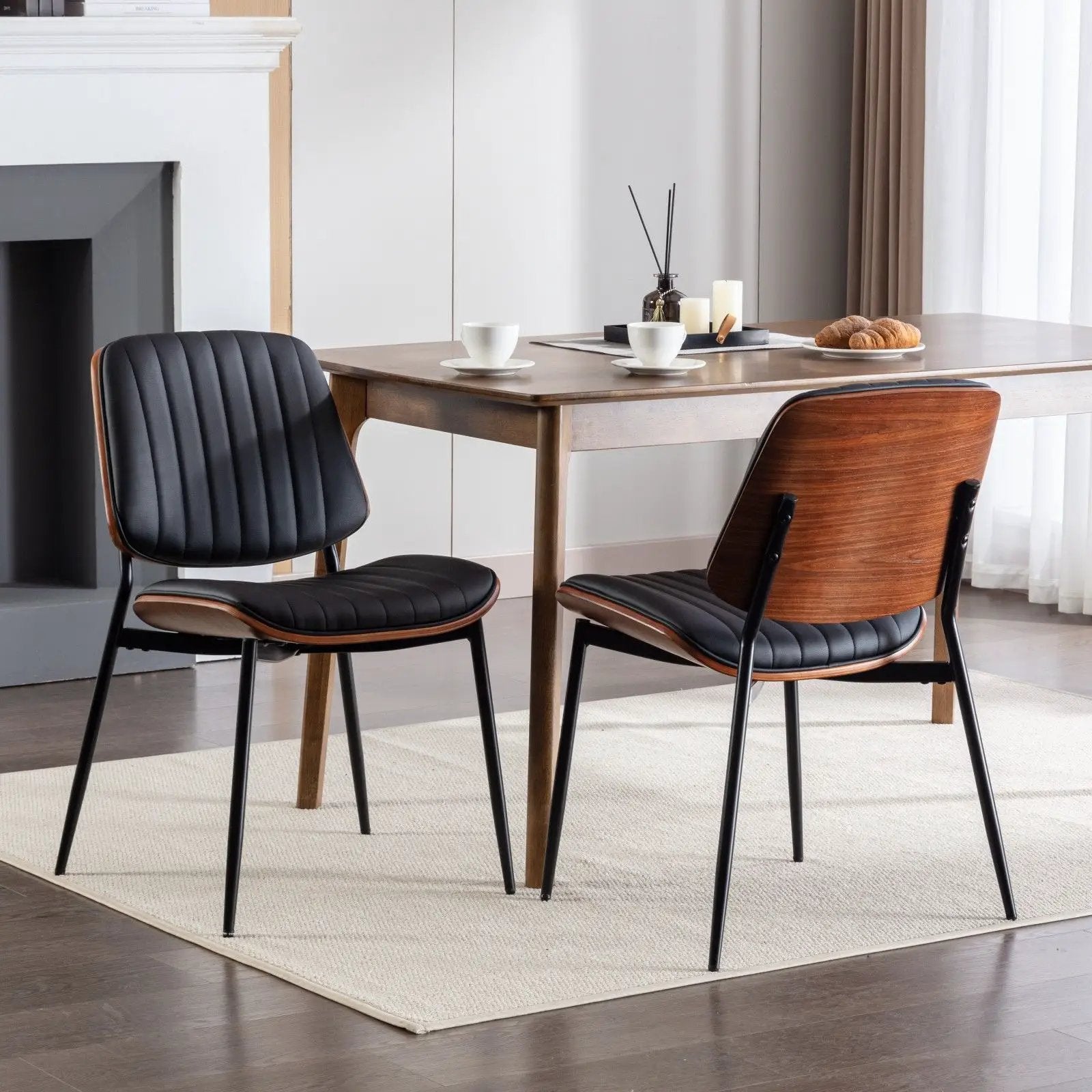 Dining Chairs (Set of 2) Mid-Century Modern Retro Chair With Walnut Bentwood Back Upholstered Seat Metal Legs Adjustable Foot For Kitchen Dining Room Chairs