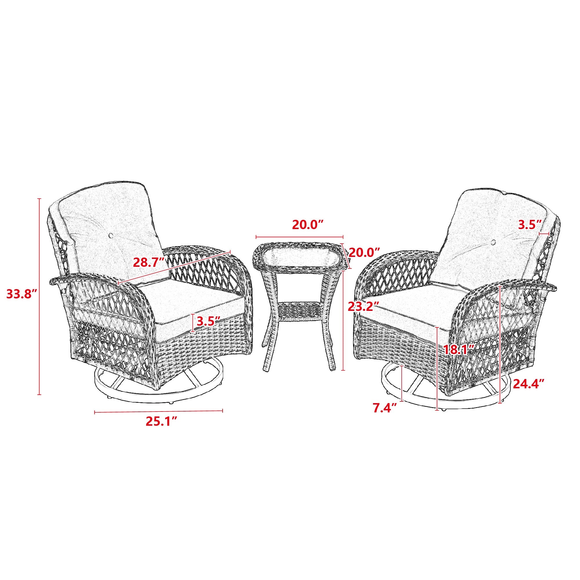 3 Pieces Outdoor Swivel Rocker Patio Chairs, 360 Degree Rocking Patio Conversation Set with Thickened Cushions and Glass Coffee Table for Backyard, Khaki