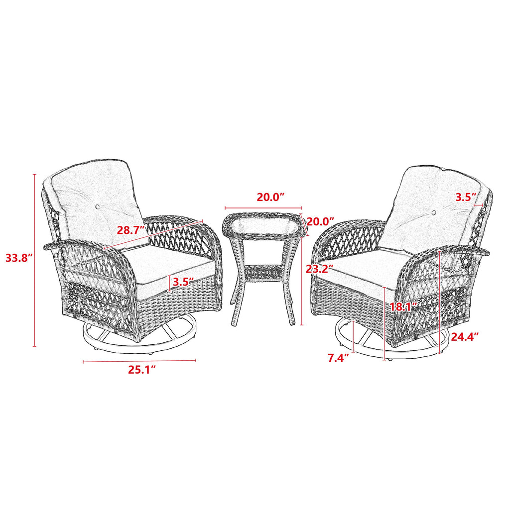 3 Pieces Outdoor Swivel Rocker Patio Chairs, 360 Degree Rocking Patio Conversation Set with Thickened Cushions and Glass Coffee Table for Backyard, Navy blue