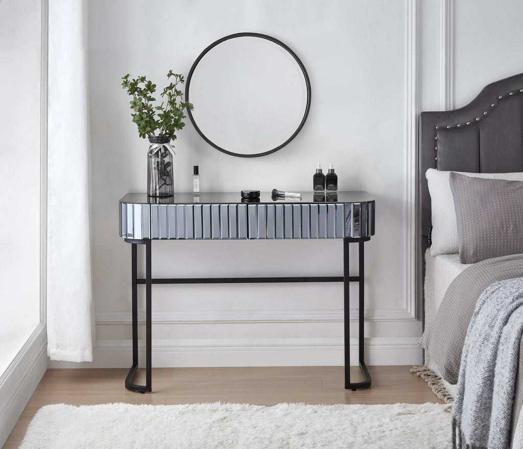 39' Mirrored Makeup Vanity Table with Stainless Steel Base, Mirrored Console Dressing Table with 2 Drawers,Versatile Desk for Bedroom and Office, Gray