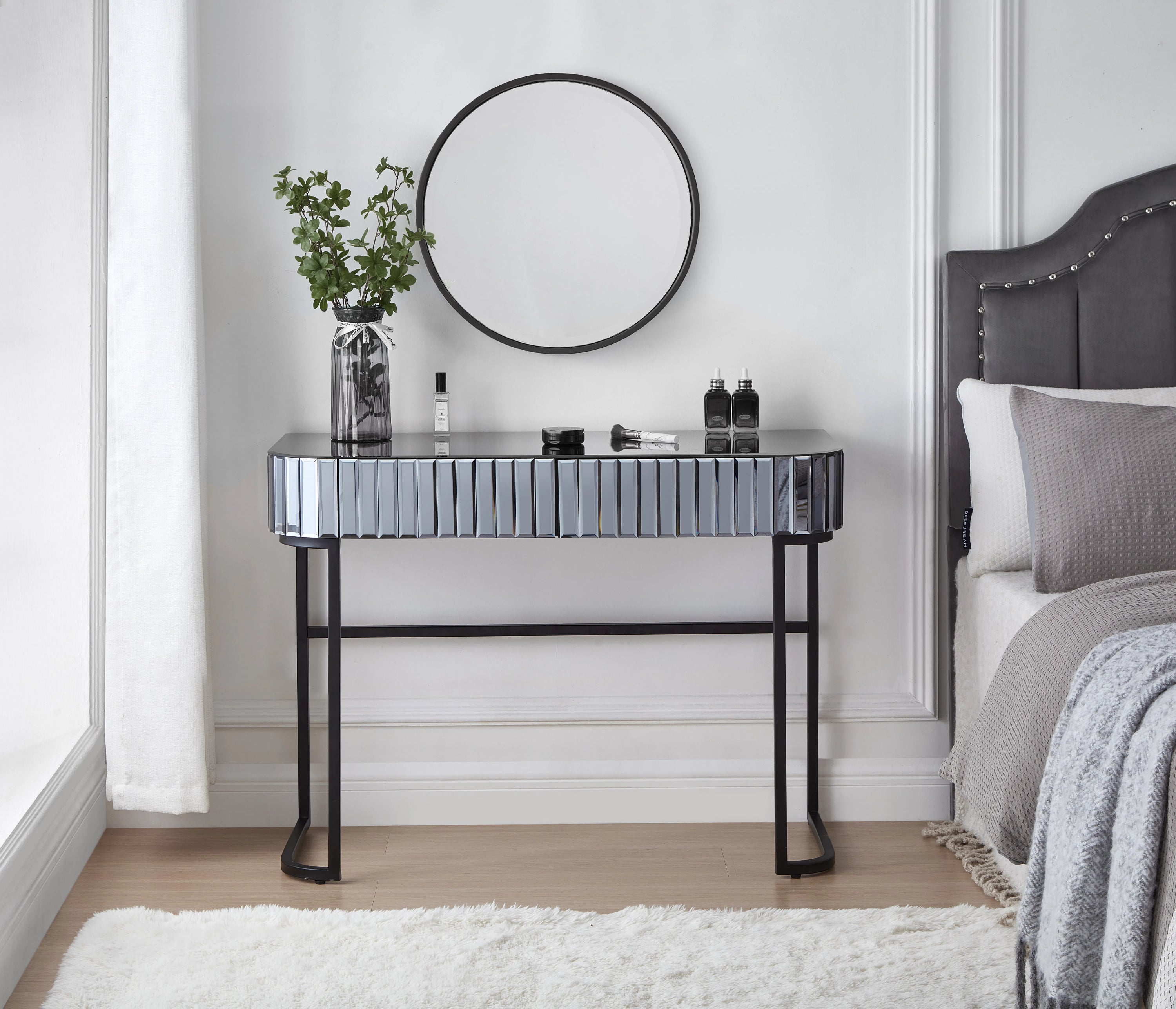 39' Mirrored Makeup Vanity Table with Stainless Steel Base, Mirrored Console Dressing Table with 2 Drawers,Versatile Desk for Bedroom and Office, Gray