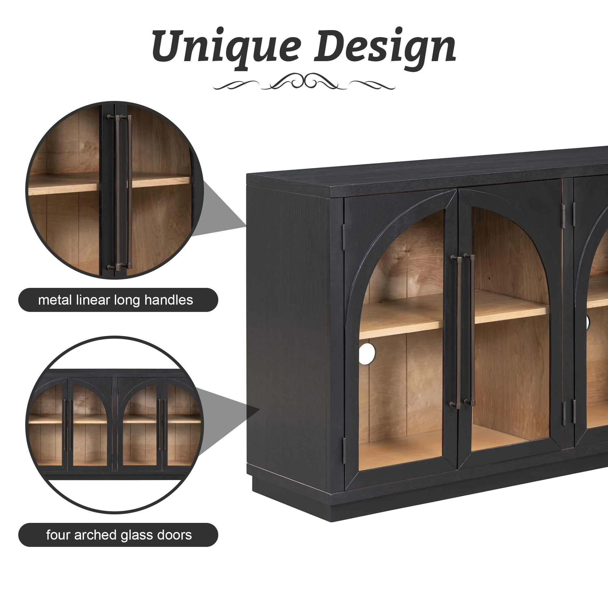 TREXM 4-Door Large Storage Sideboard Buffet Cabinet with Glass Doors, Arched Cabinet with Adjustable Shelves for Kitchen, Dining Room and Living Room (Black)