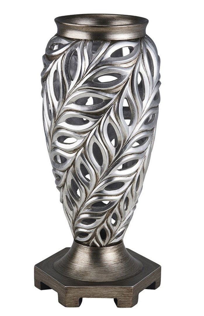 15.75" Tall Polyresin Decorative Vase "Kiara", Silver Peacock Feathers Design
