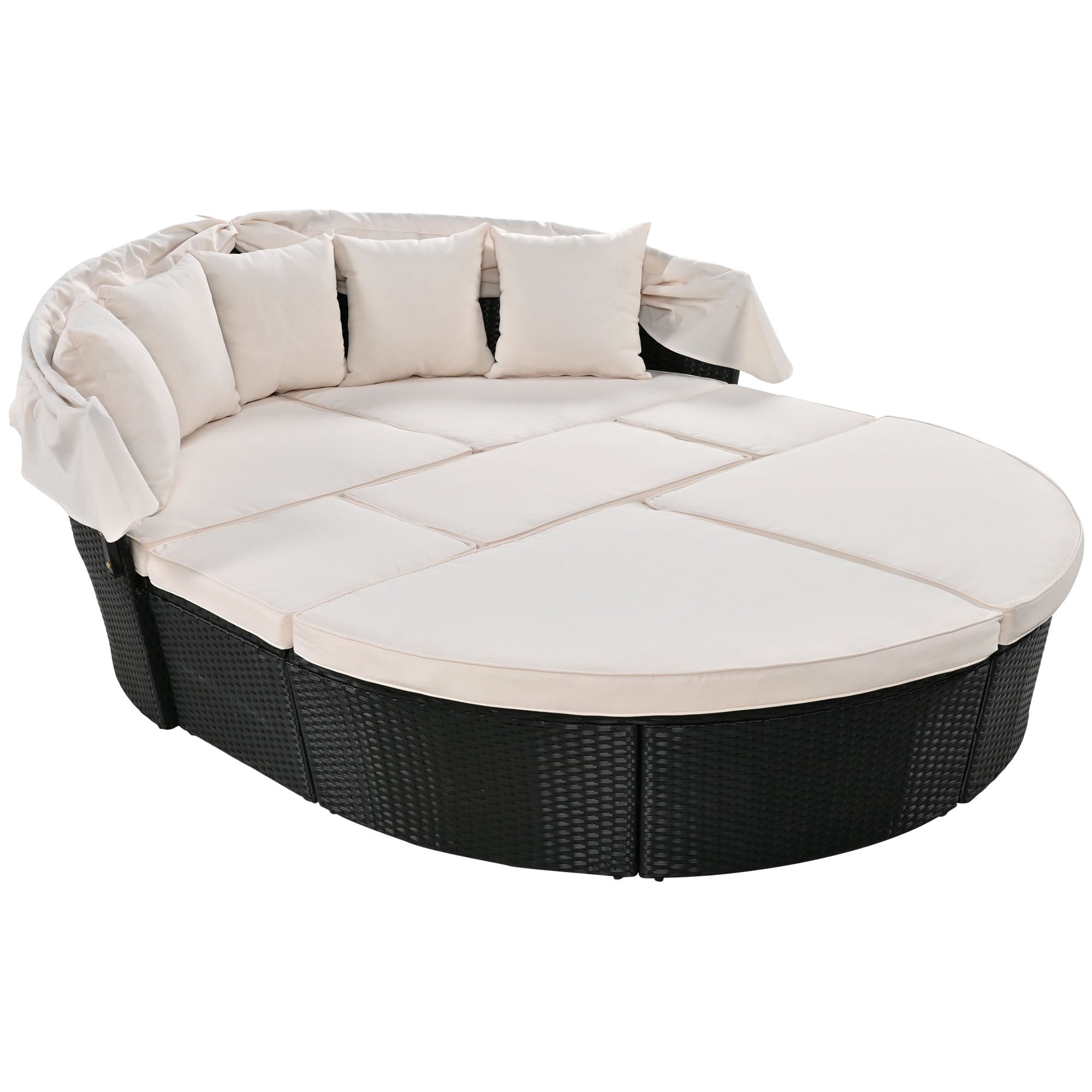 GO Outdoor rattan daybed sunbed with Retractable Canopy Wicker Furniture, Round Outdoor Sectional Sofa Set, black Wicker Furniture Clamshell Seating with Washable Cushions, Backyard, Porch, Beige
