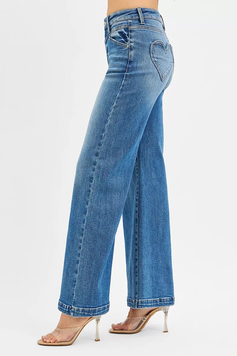 RISEN High Rise Wide Leg Jenas with Front Yoke and Heart Back Pocket