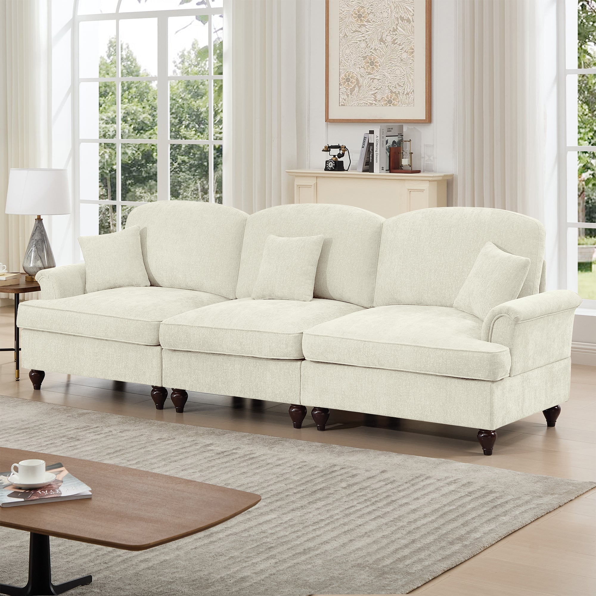 Elegant Mid Century Large 3 Seater Sofa Couch with Flared Arms and Removable Ruffles Pleats Skirts and Spindle Legs, Comfy Chenille Three-Seat Sofa for Living Room, Beige White