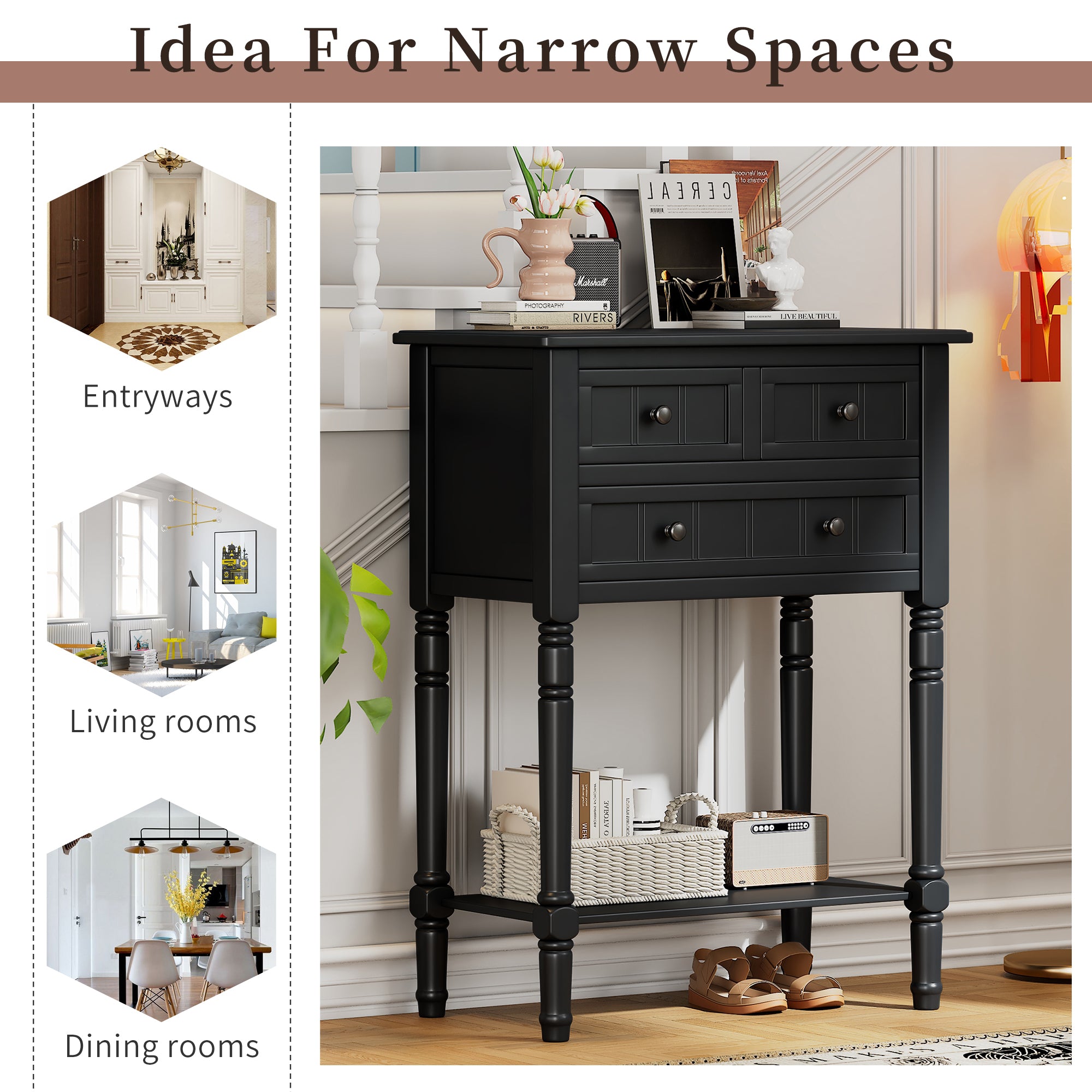 TREXM Narrow Console Table, Slim Sofa Table with Three Storage Drawers and Bottom Shelf (Black)
