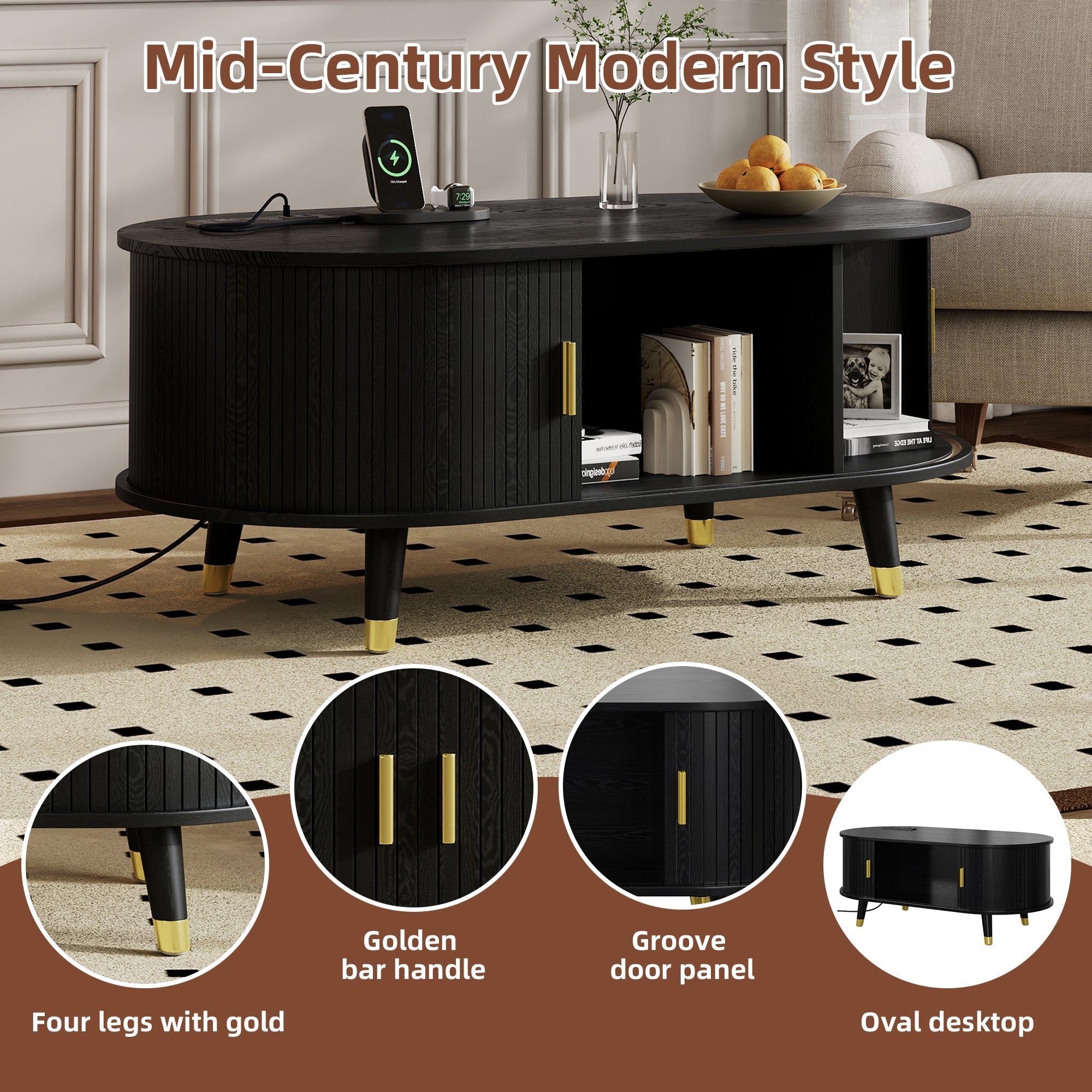 Wooden Farmhouse TV Stand & Coffee Table Set with Charging Station, Oval Fluted Media Console with Sliding Doors for TVs up to 80', Mid-Century Center Table with Solid Wood Legs for Living Room,Black