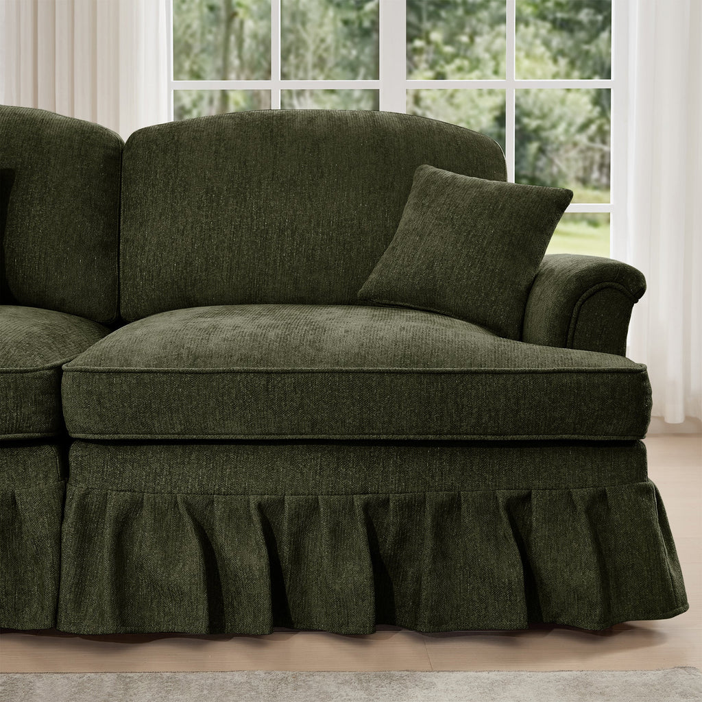 Elegant Mid Century Large 3 Seater Sofa Couch with Flared Arms and Removable Ruffles Pleats Skirts and Spindle Legs, Comfy Chenille Three-Seat Sofa for Living Room, Green