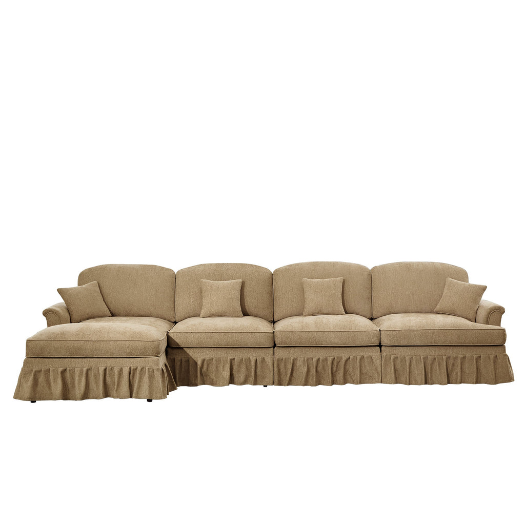 Classic Three Seater Modular L Shaped Sectional Couch with Flared Arms and Removable Ruffles Pleats Skirts and Spindle Legs, Comfy Chenille Four-Seat Deep Seat Sofa with Movable Ottoman, Light Coffee