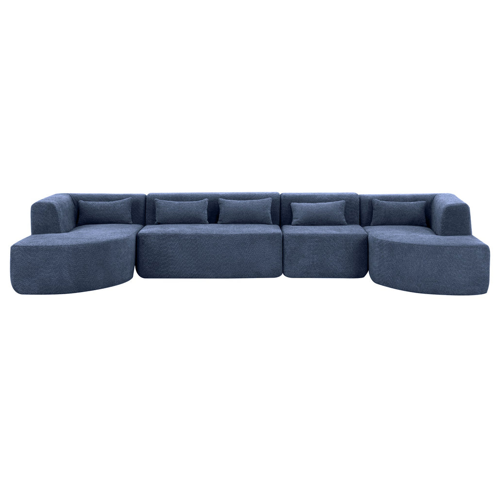 144' Upholstered Sofa Free-combined Sofa Couch with Two Chaise Lounge and Five Back Pillows for Living Room, Blue