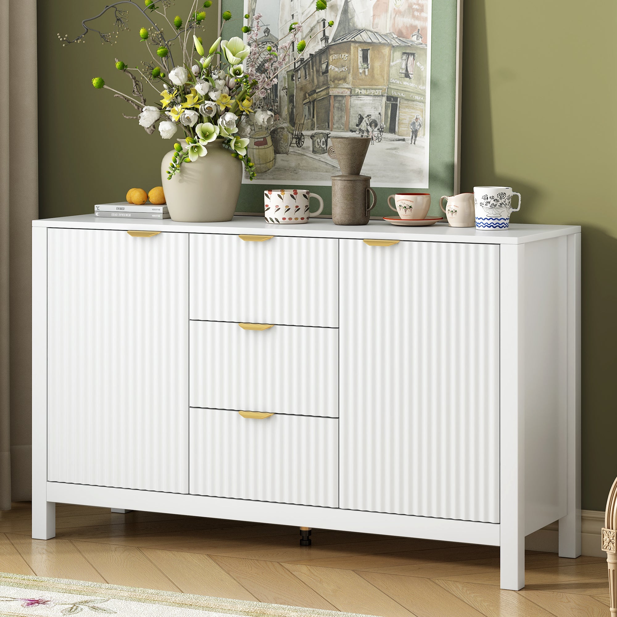 U_STYLE Sideboard with Wave Design - 3 Adjustable Shelves, 3 Drawers & Soft-Close Doors, Storage Console Table with Metal Handles, Suitable for Study, Hallway and Living Room, 3 Colors