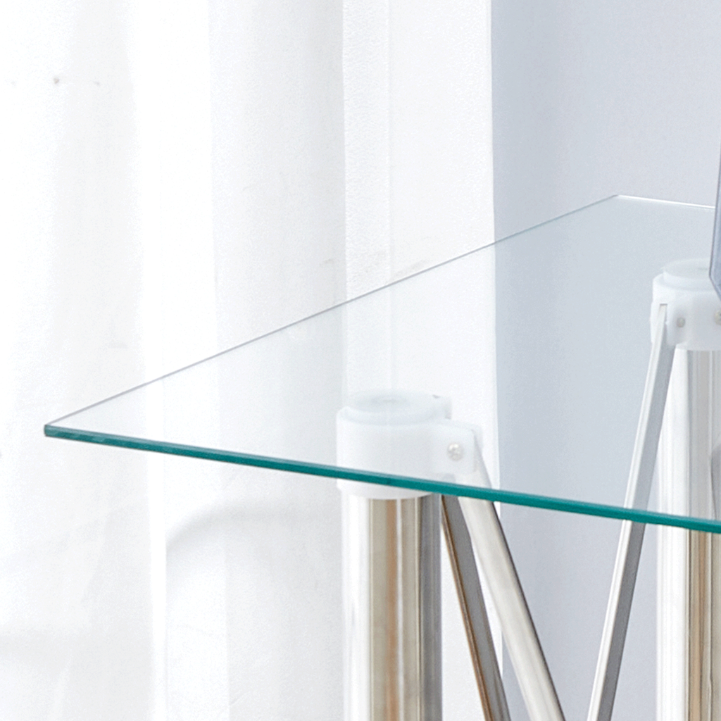 Elegant Expandable Square Glass Table - 36' Clear Tempered Glass, Silver Metal Legs.Telescopic metal legs, transparent square glass tabletop, suction cup attachment connection.