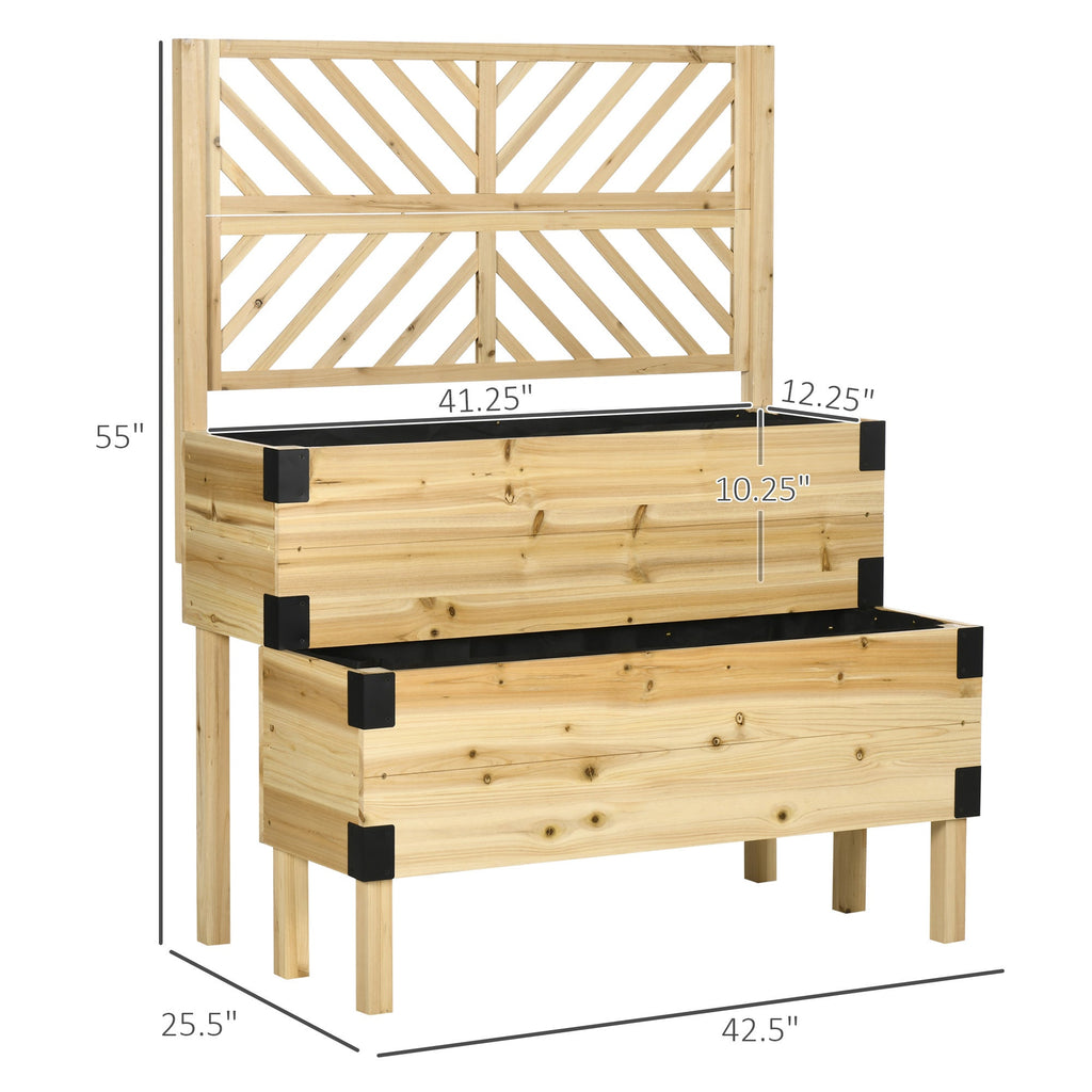 Outsunny Raised Garden Bed with Trellis, 2 Tier Wooden Elevated Planter Box with Legs and Metal Corners for Vegetables, Flowers, Herbs, Natural