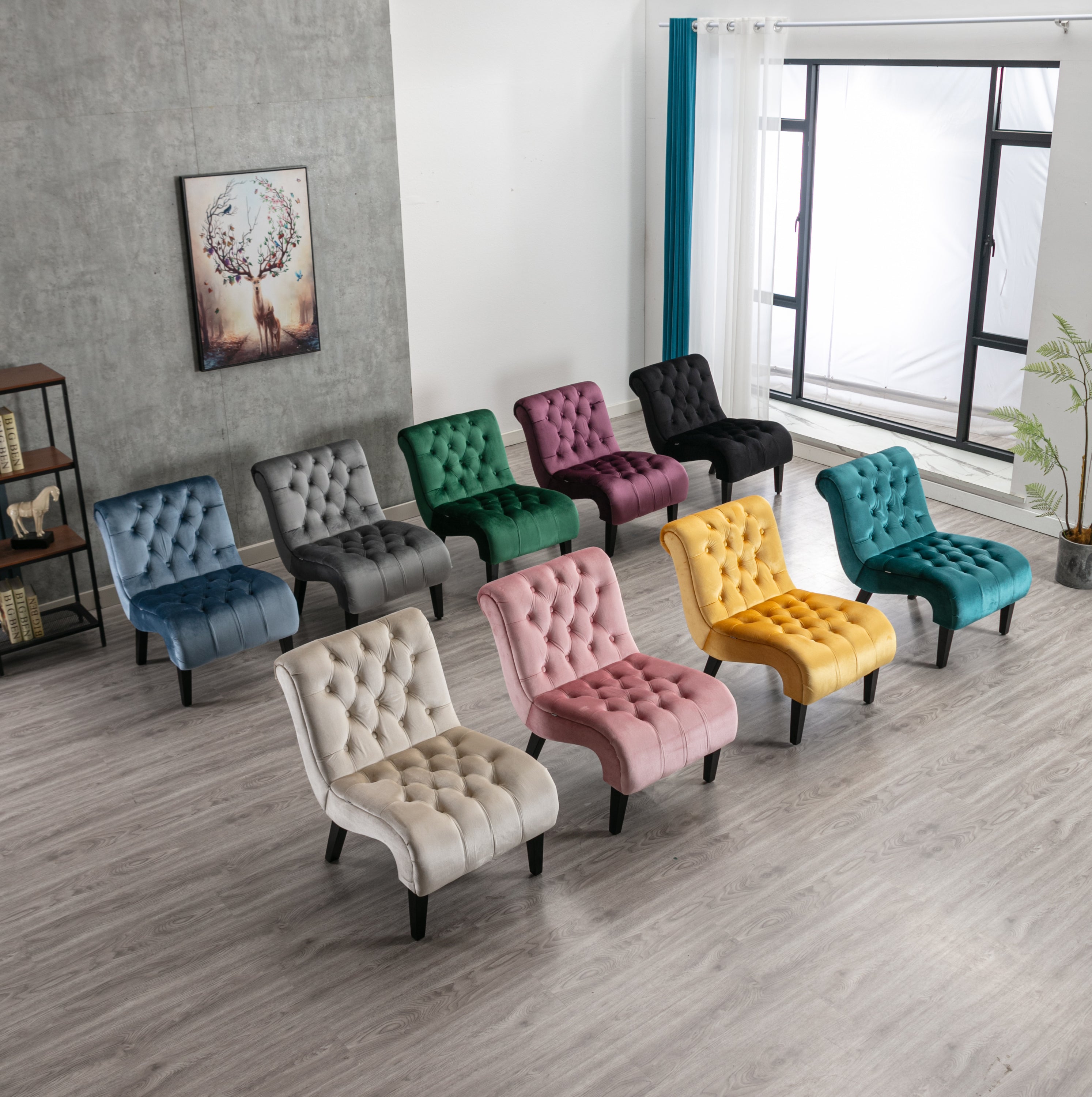 COOLMORE Modern Velvet Armless Accent Living Room Chair / Leisure Chair,Upholstered Fabric Button Comfortable Chair with Wooden Legs for Bedroom, Living Room, Office (Green Velvet)