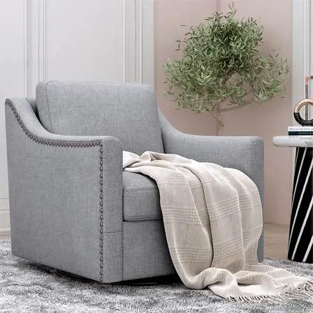 360 Degree Swivel Armchair, Skin Friendly Fabric, Ergonomic Design, Brass Nail Decorative Armchair